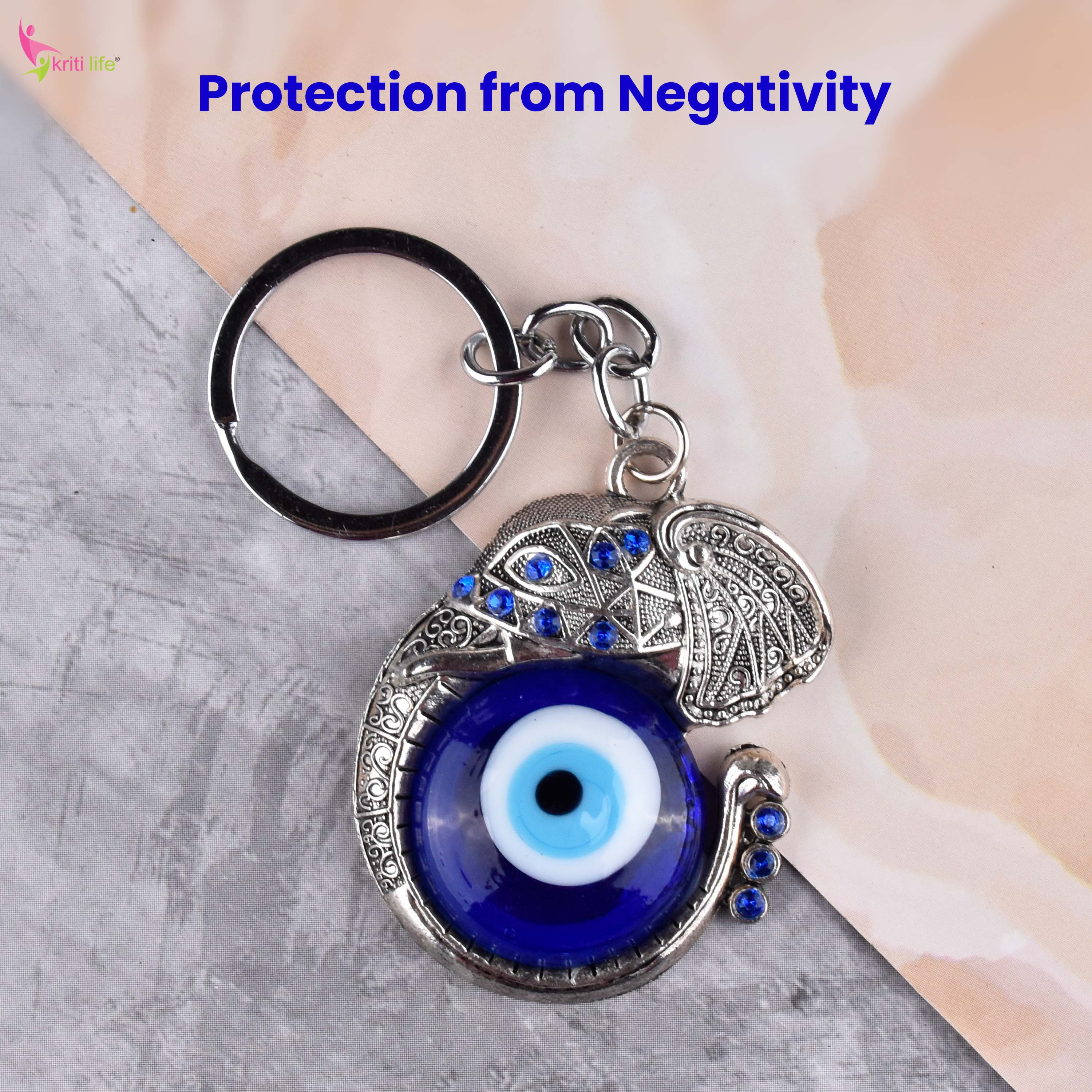 Elephant Evil Eye Keychain | Nazar Suraksha Keyring with Royal Elephant Charm for Luck & Protection-11 cm Hight