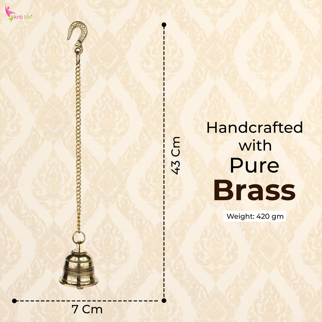 Brass Hanging Temple Bell with Chain | Wall Mount Ghanti for Pooja Room | 43 cm Hight