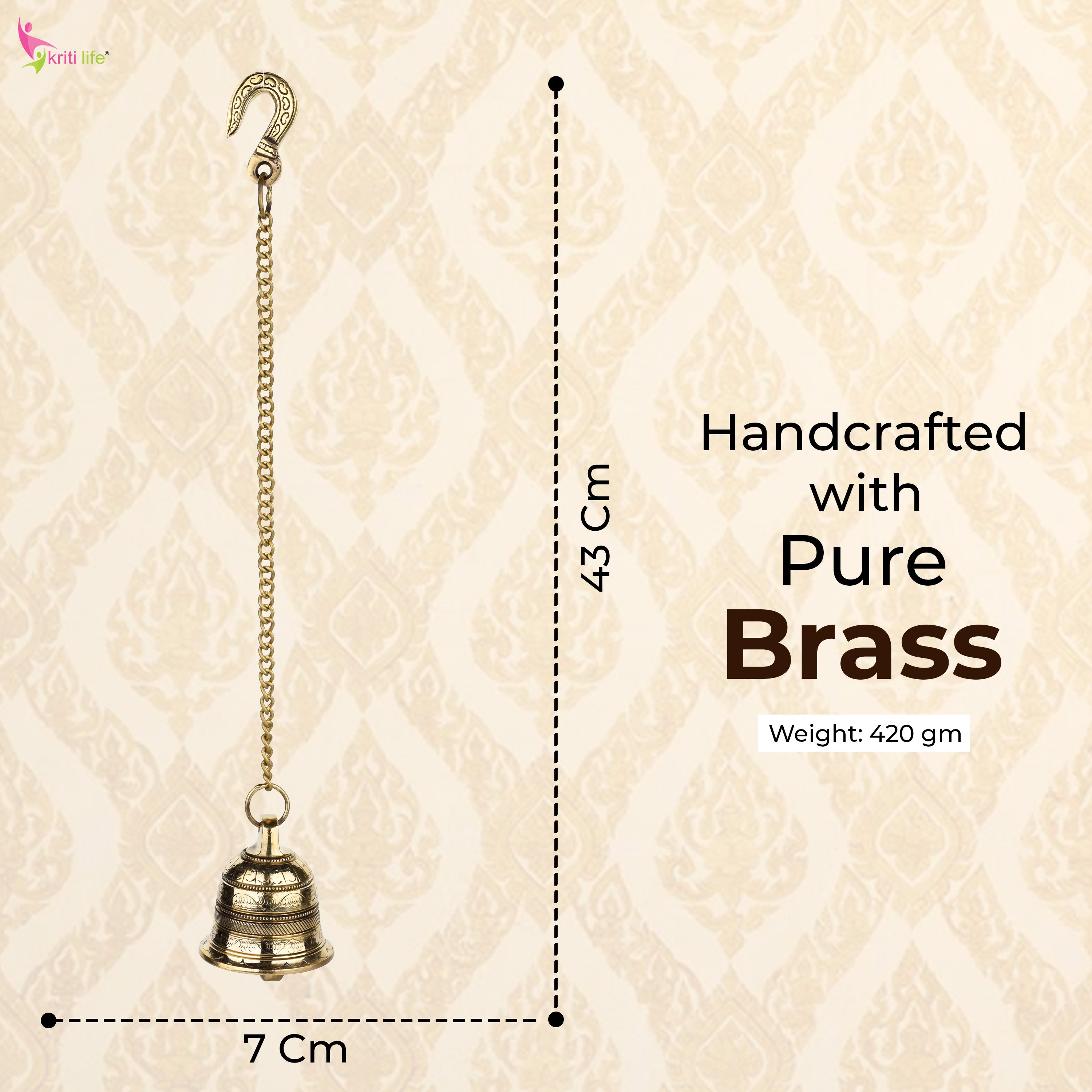Brass Hanging Temple Bell with Chain | Wall Mount Ghanti for Pooja Room | 43 cm Hight