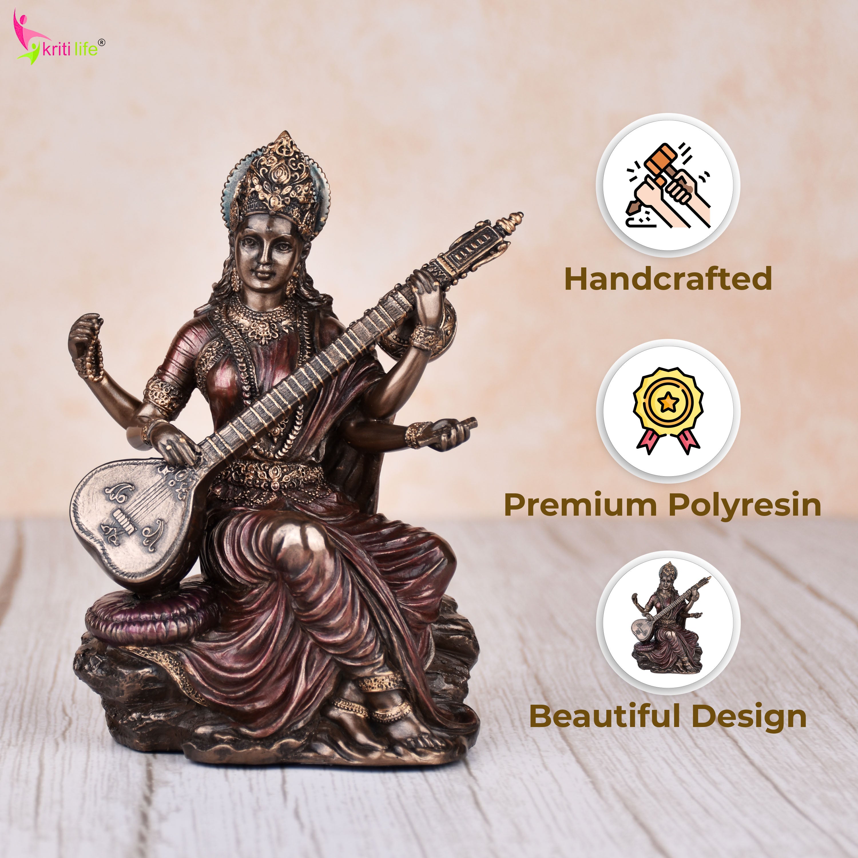 Elegant Saraswati Idol in Polyresin | 6  inches | – Handcrafted Goddess of Knowledge Figurine for Home & Office Décor