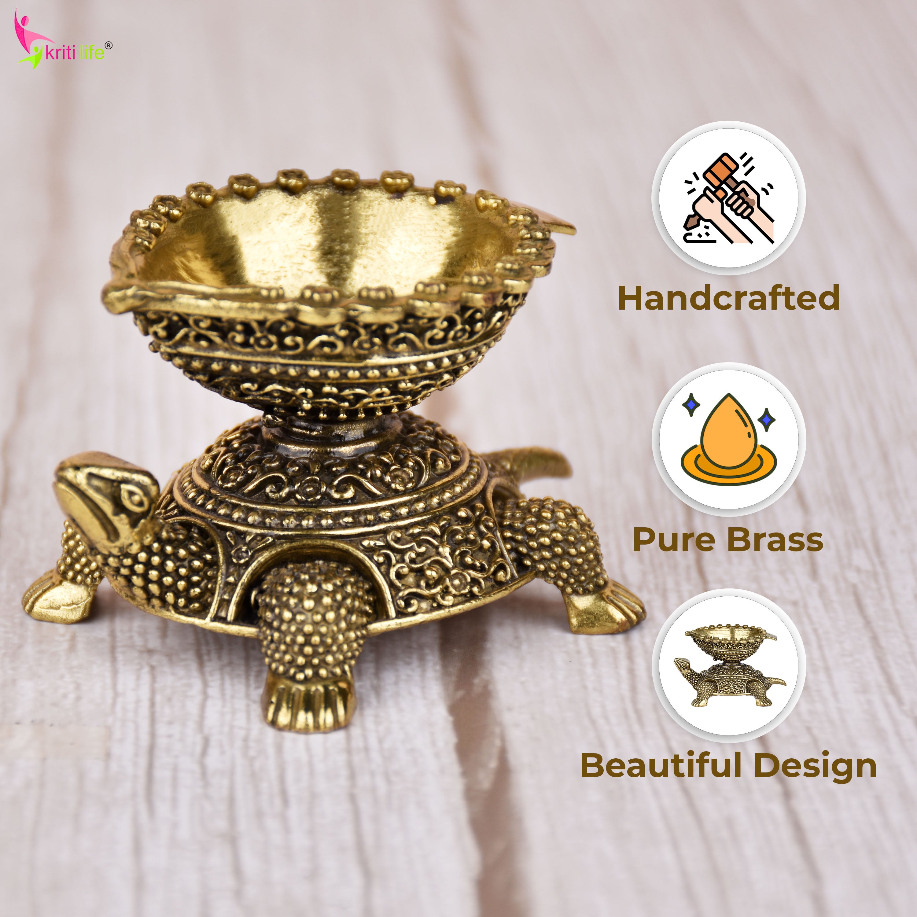 Brass Turtle Design Diya – Antique Finish Oil Lamp 3 inches for Pooja, Vastu & Décor