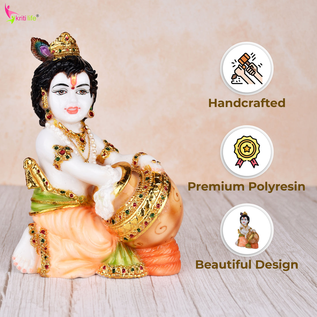 Makhan Chor Bal Krishna Idol – Decorative Polystone Statue | 9 inches | for Home Temple & Gifting ( 5685633 )