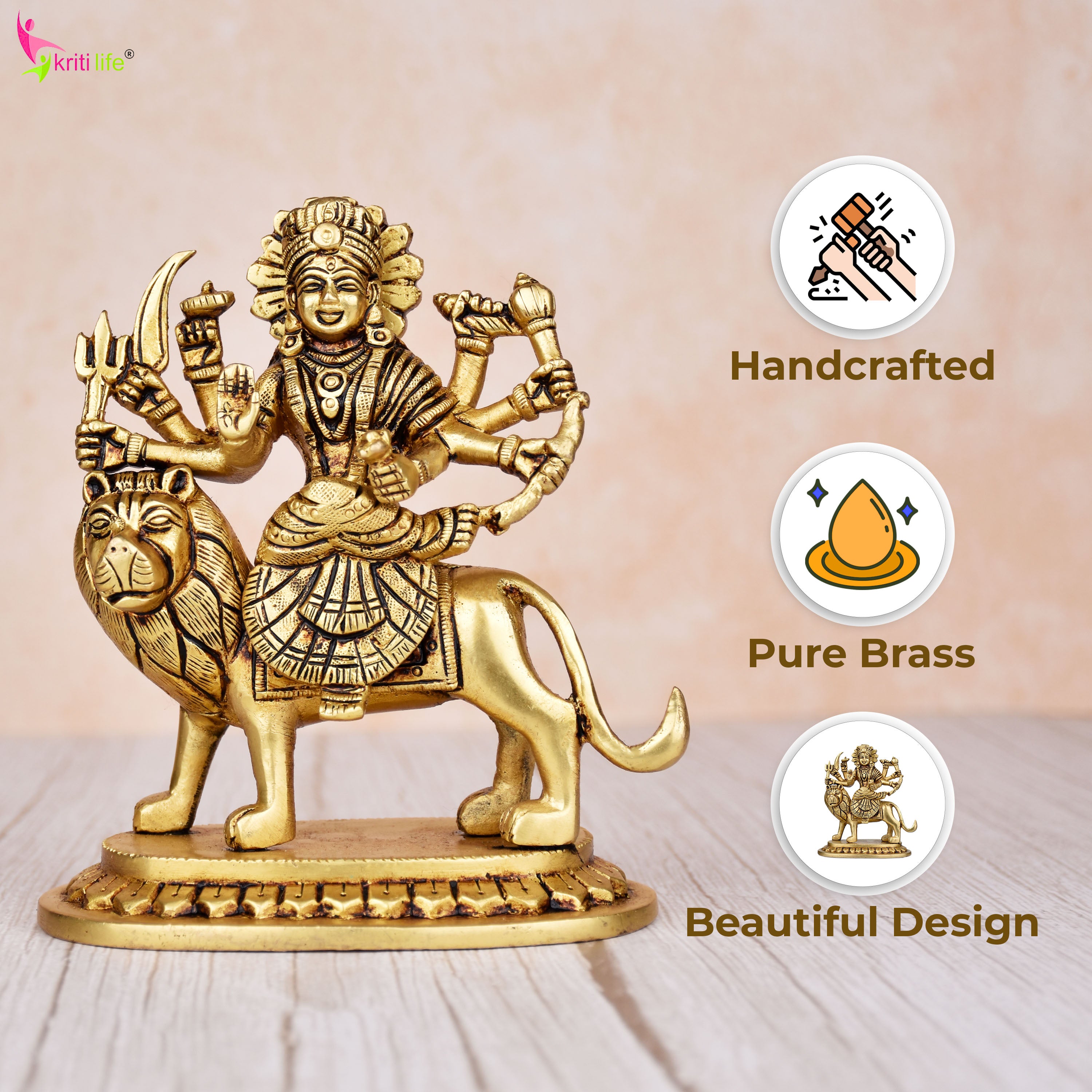 Brass Durga Maa Idol on Lion | 5.5 inches | 8-Handed Hindu Goddess Figurine for Navratri, Diwali & Gift