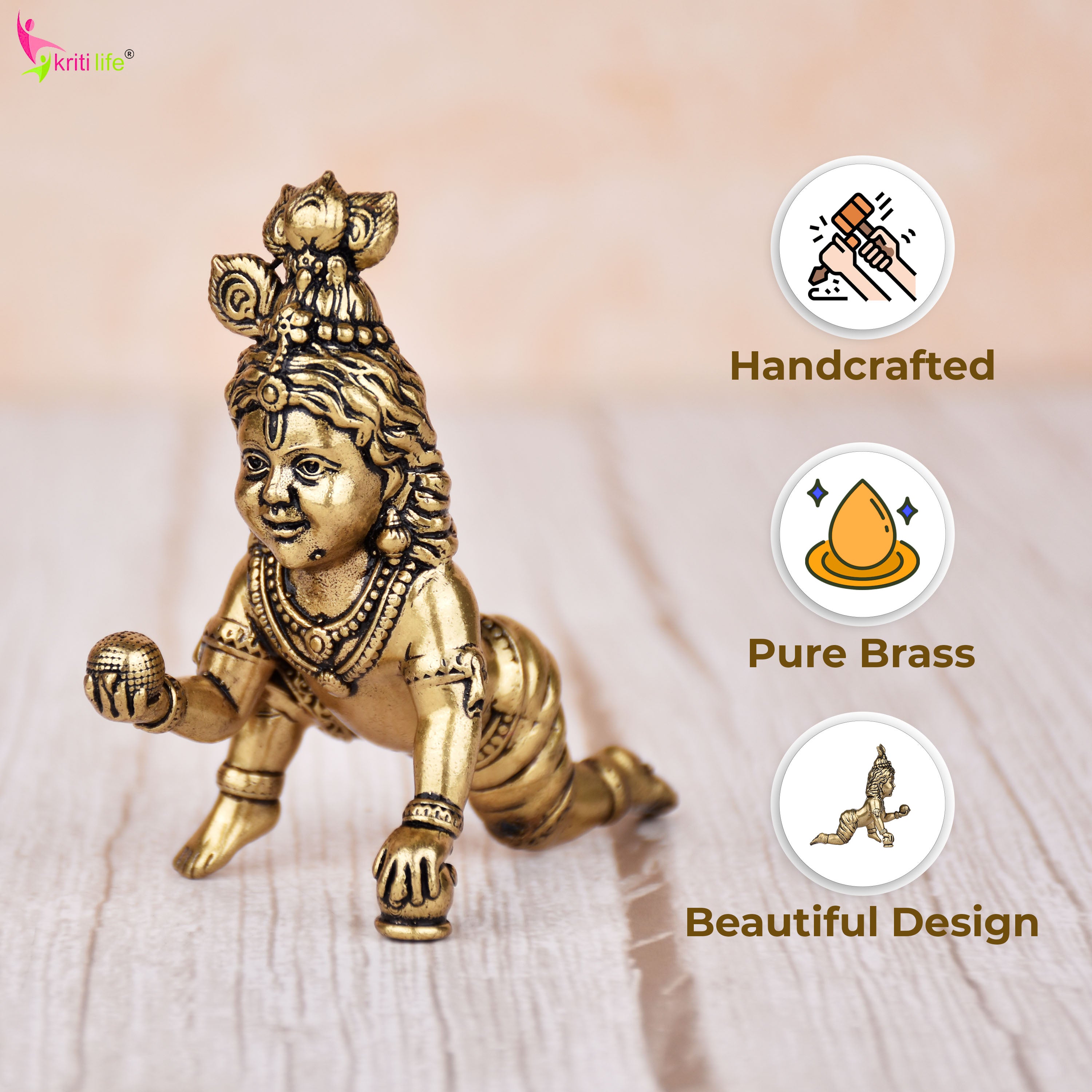 Brass Laddu Gopal Idol | Bal Gopal (Baby Krishna) | 3 inches | Crawling Murti for Pooja & Home Décor