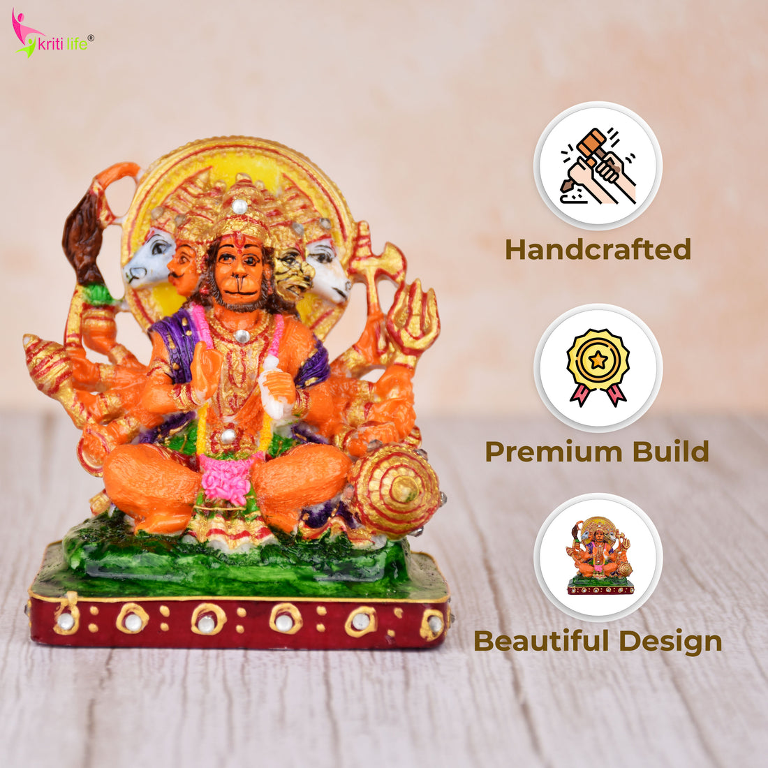 Panchamukhi Hanuman Idol | 3.5 inches | Multicolor Marble Dust Statue for Home & Temple