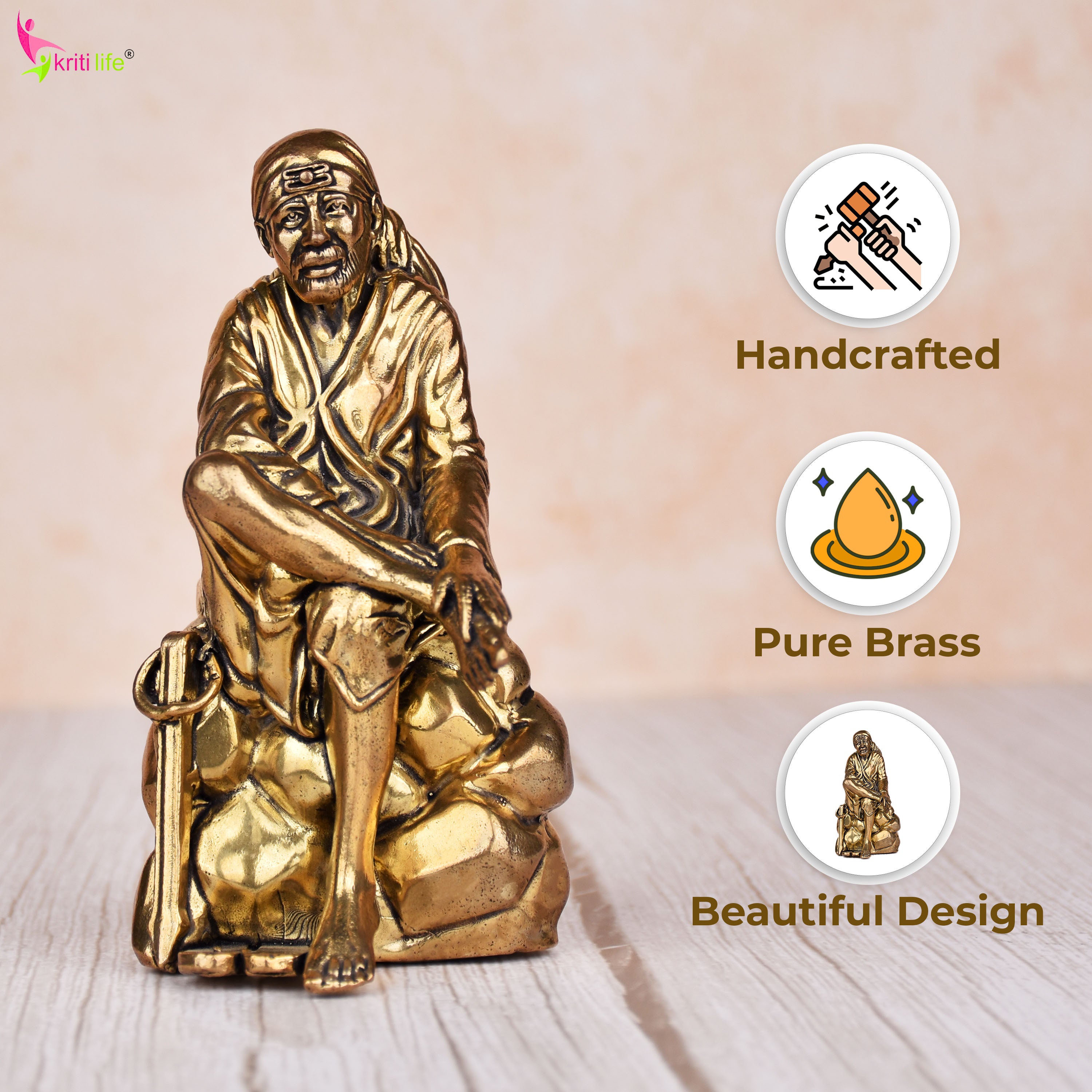 Brass Sai Baba Idol – Spiritual Sitting Pose Statue 4 inches for Home Temple & Décor- 4 inches
