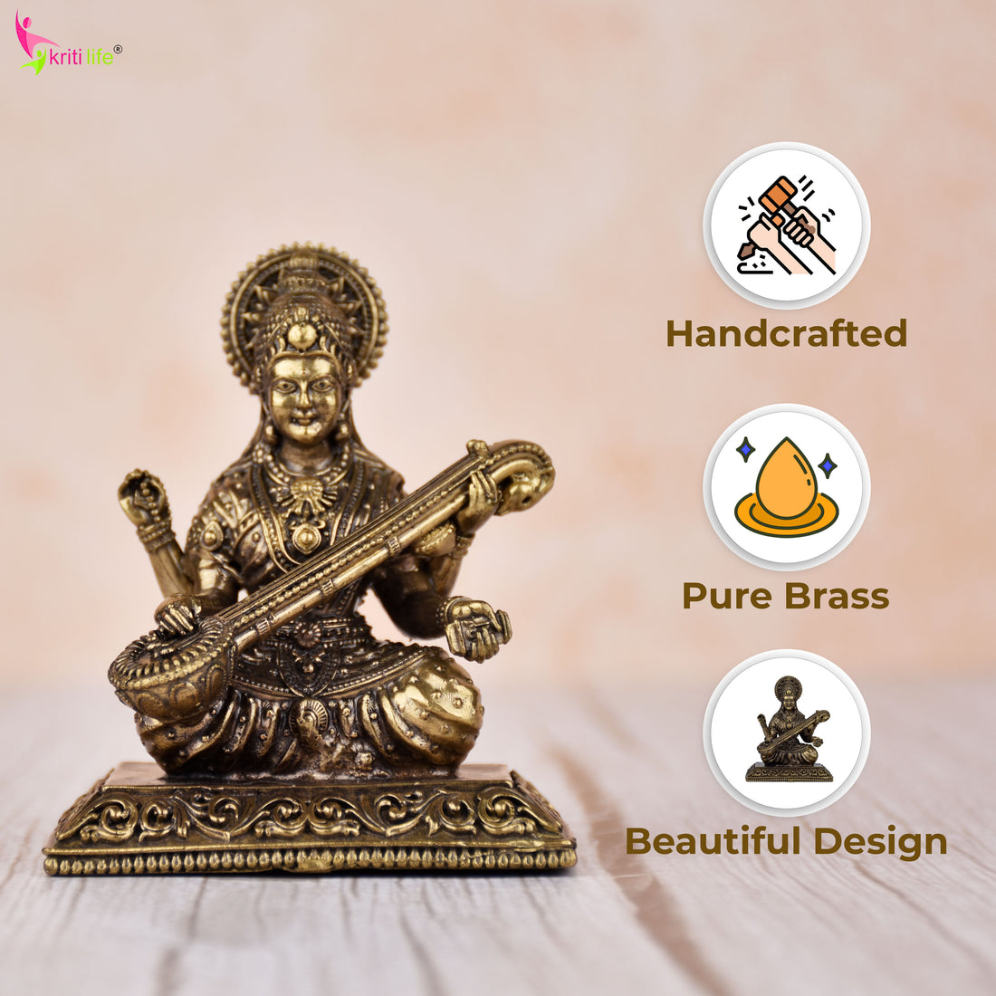 Brass Goddess Saraswati Idol | 3 inches | Handcrafted for Home Temple & Decor