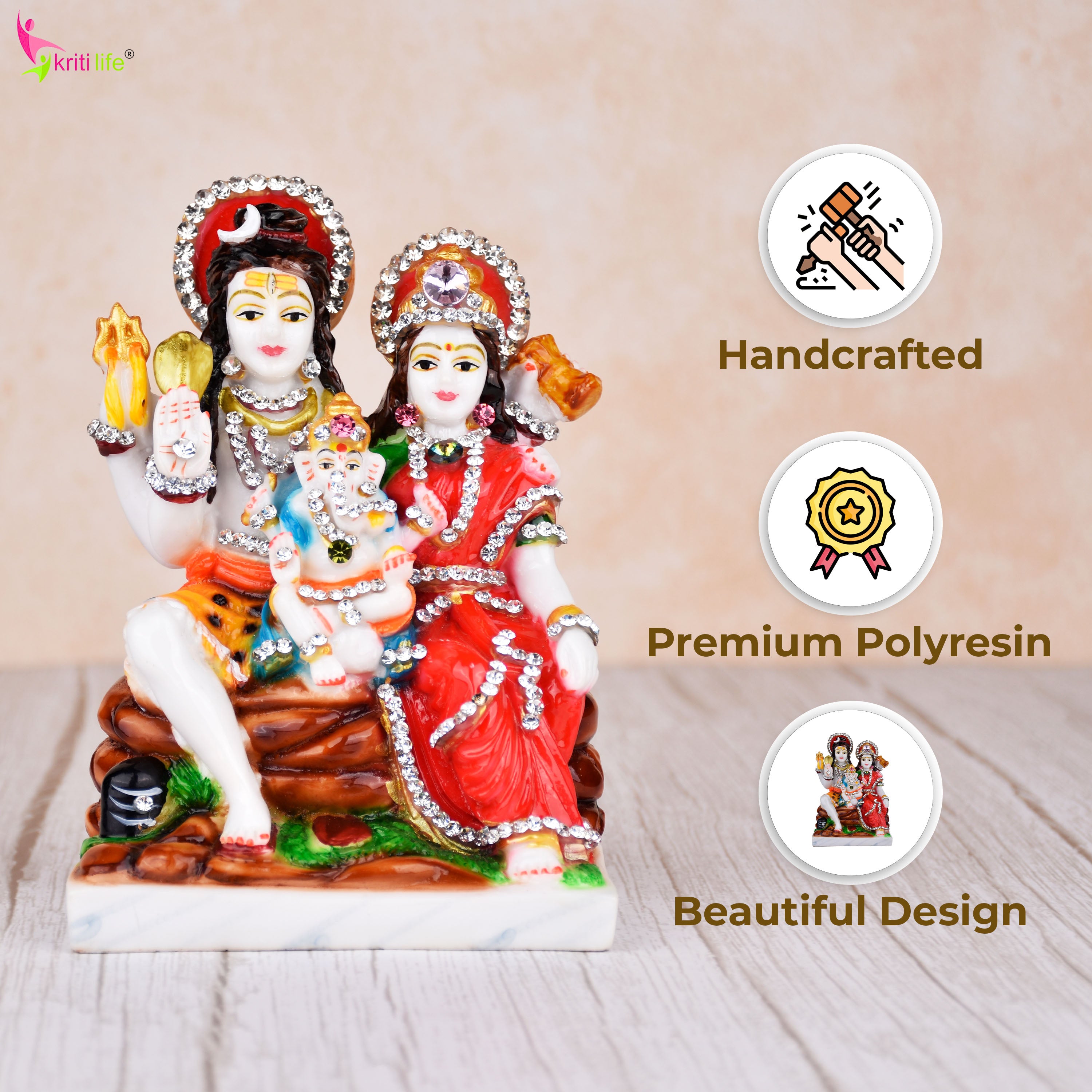 Shiva Parivar Idol | 6 inches | Polyresin Lord Shiva, Parvati & Ganesha Statue with Decorative Stonework