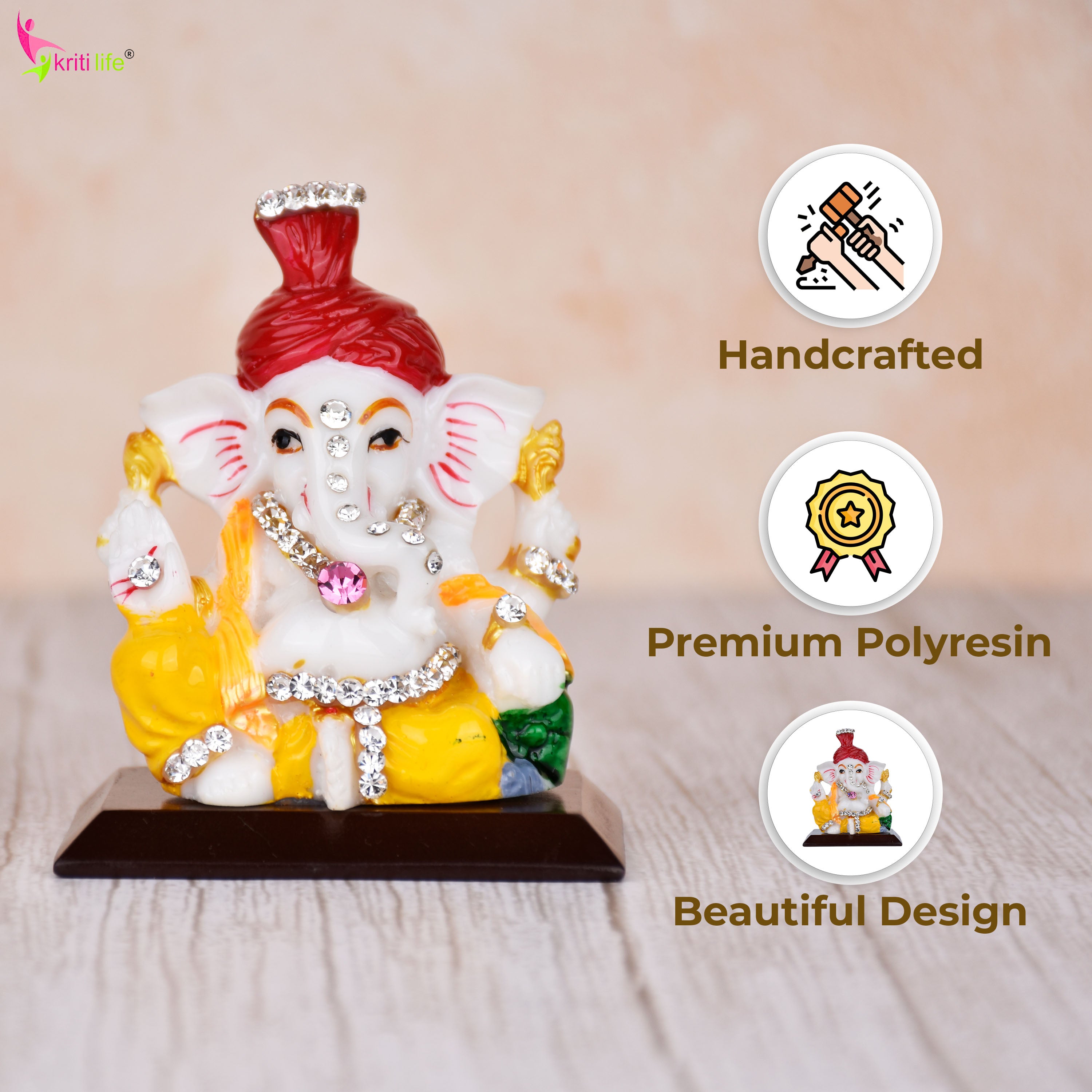 Decorative Lord Ganesha Idol with Diamond Embellishments – Polyresin Statue for Car Dashboard, Home, Office & Gift | 3 inches