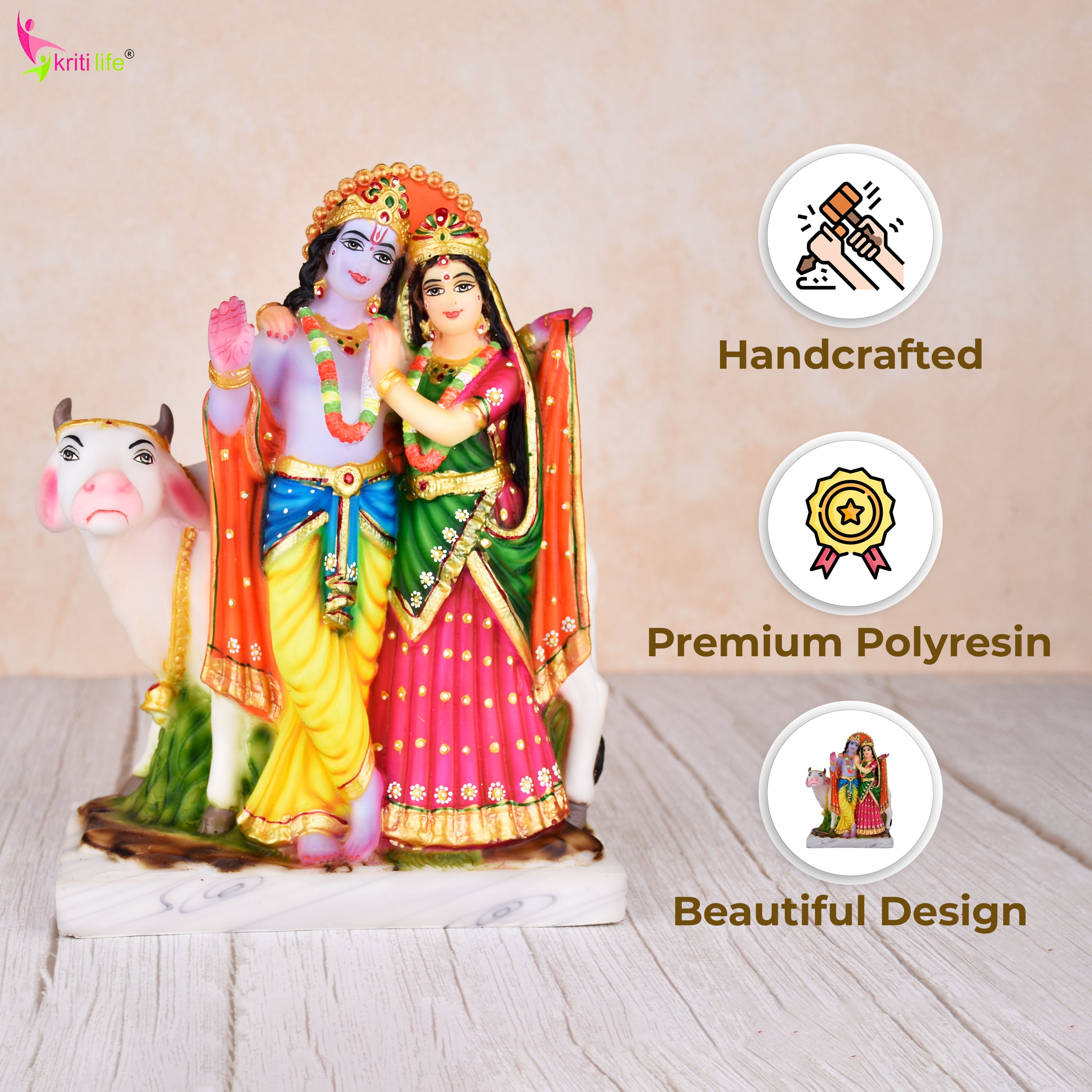 Radha Krishna with Cow Polyresin Idol | 10.5 inches | – Handcrafted Decorative Statue for Home Mandir & Gifting