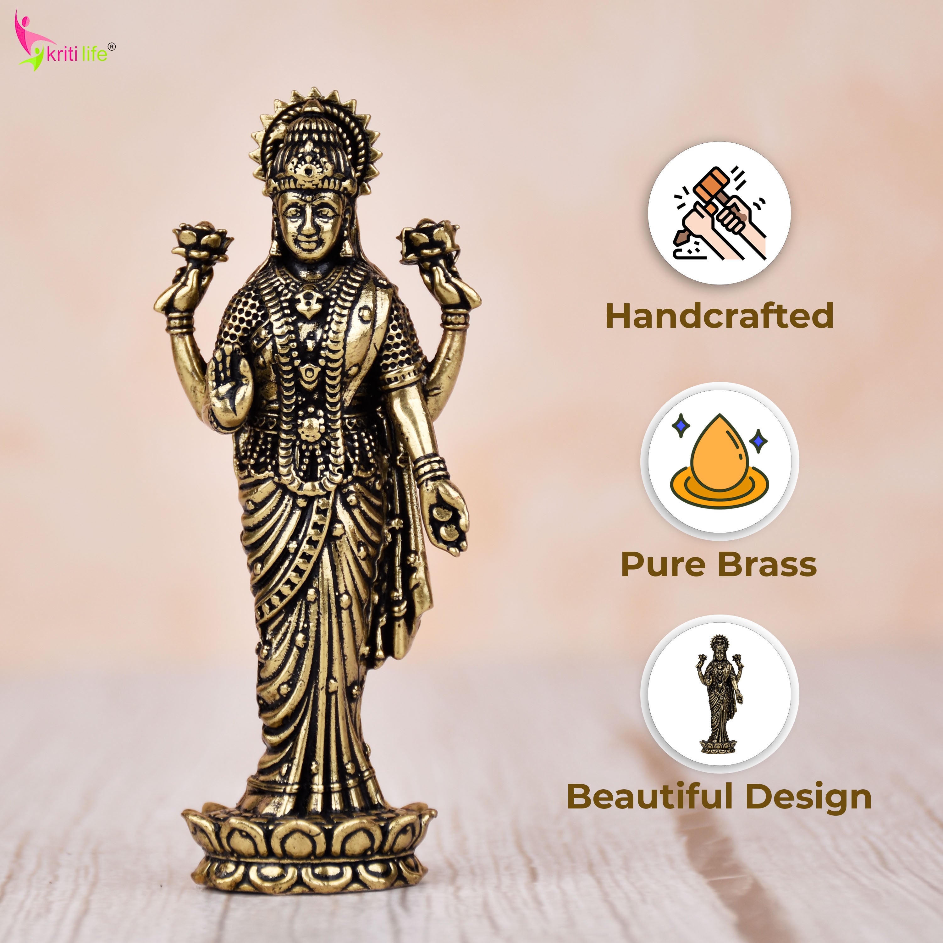 Brass Goddess Lakshmi Idol | 3 inches | – Handcrafted Figurine for Pooja Room & Home Decor | Small Size