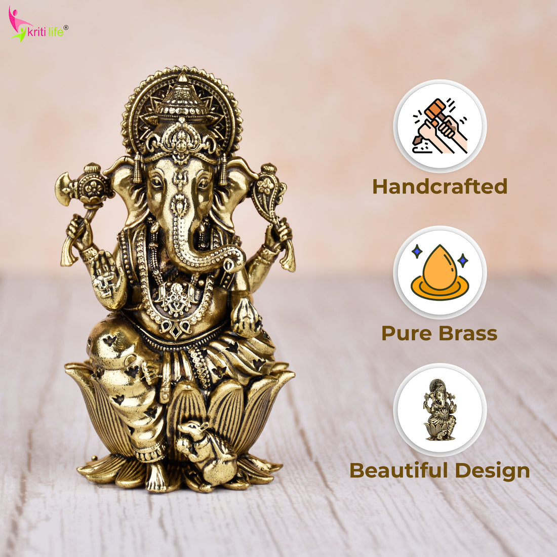Brass Lord Ganesha Idol Sitting on Lotus – Antique Finish Decorative Statue 4 inches for Home & Office