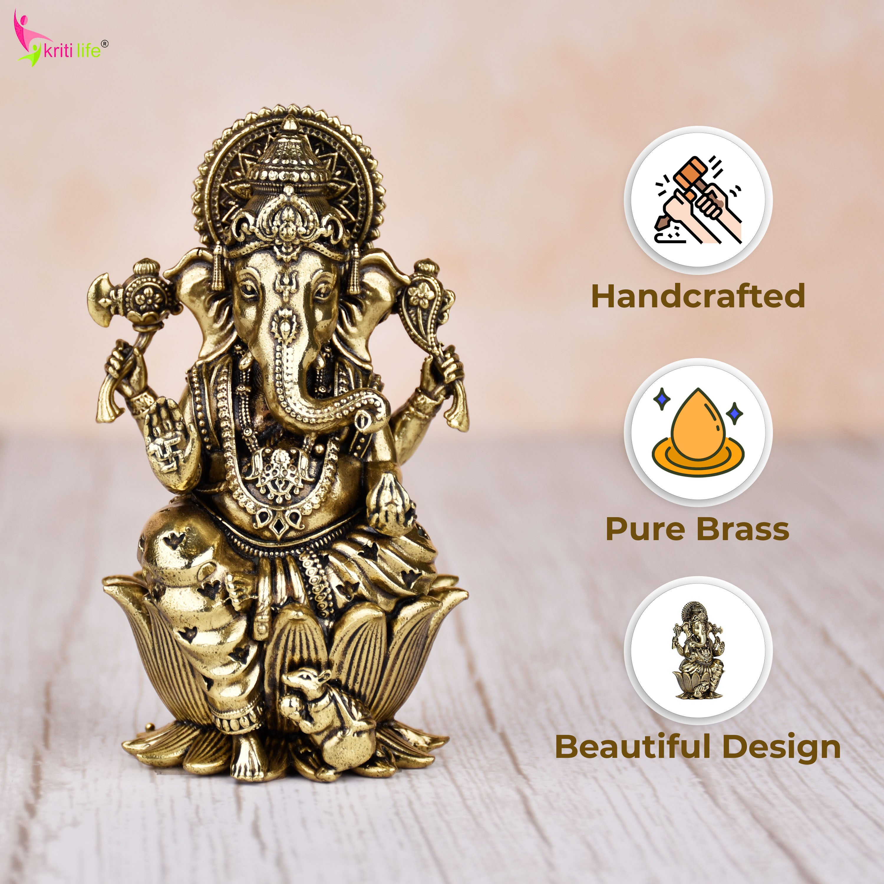 Brass Lord Ganesha Idol Sitting on Lotus – Antique Finish Decorative Statue 4 inches for Home & Office