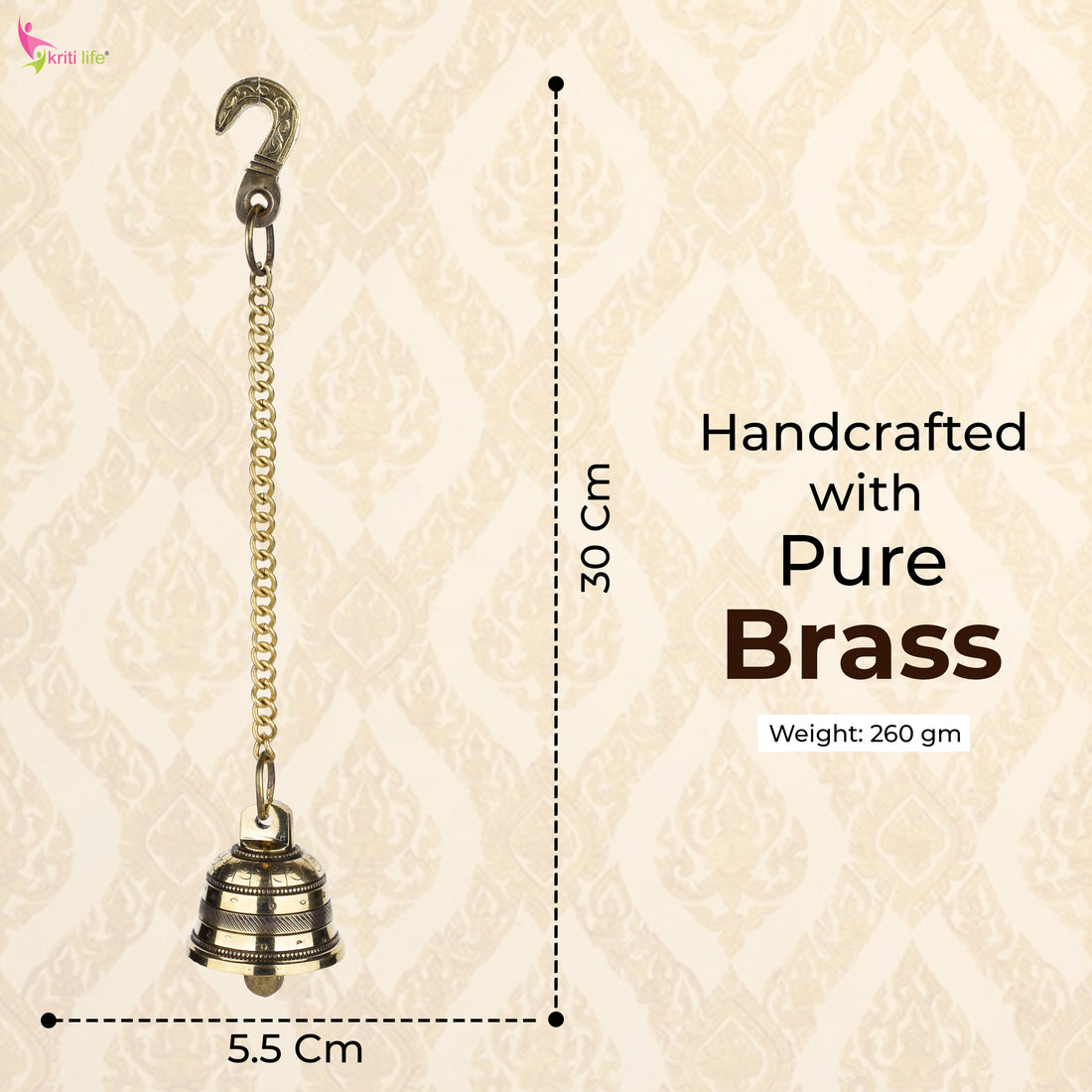 Brass Hanging Temple Bell with Chain | Wall Mount Ghanti for Pooja Room | 30 cm Hight