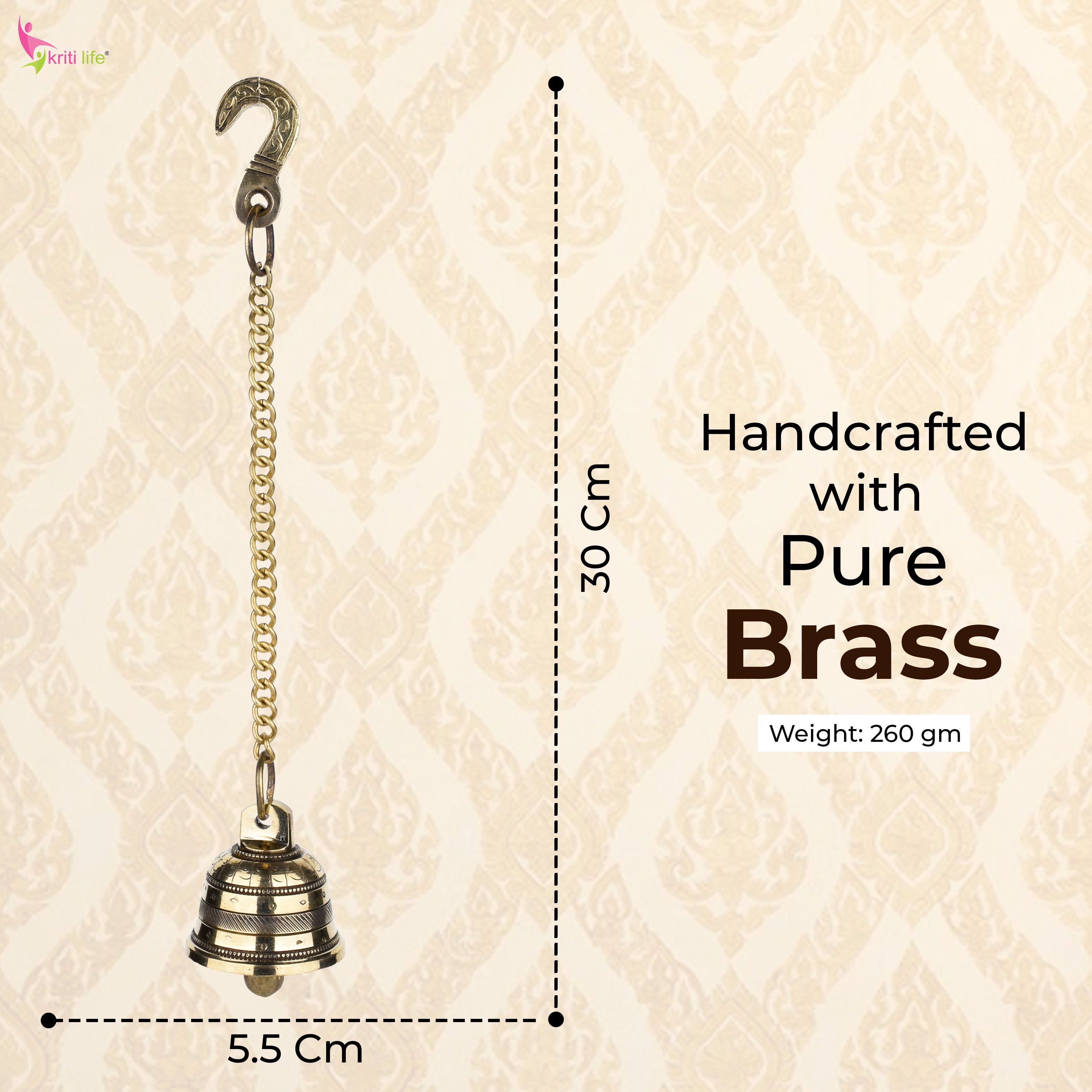 Brass Hanging Temple Bell with Chain | Wall Mount Ghanti for Pooja Room | 30 cm Hight