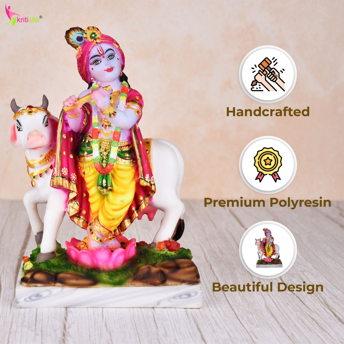 Lord Krishna with Cow Marble Dust Idol | 9.5 inches | – Handcrafted Murti for Home Mandir & Décor