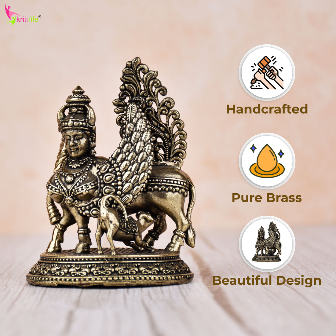 Antique Brass Kamdhenu Cow Statue 3 inches – Wish-Fulfilling Divine Cow Idol for Home & Temple