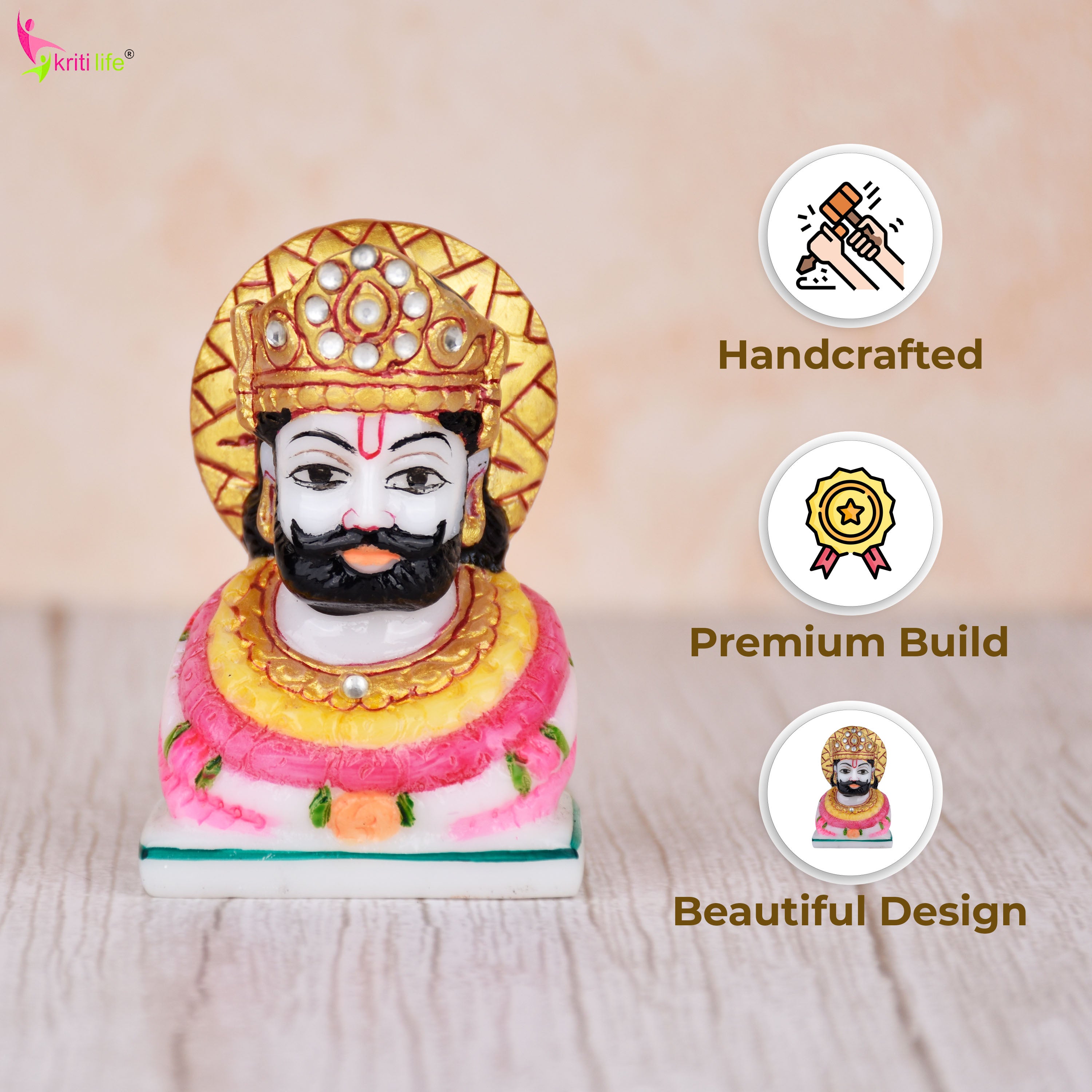 Handcrafted Khatushyam Ji Idol – Marble Dust Statue 3 inches for Home Temple & Décor