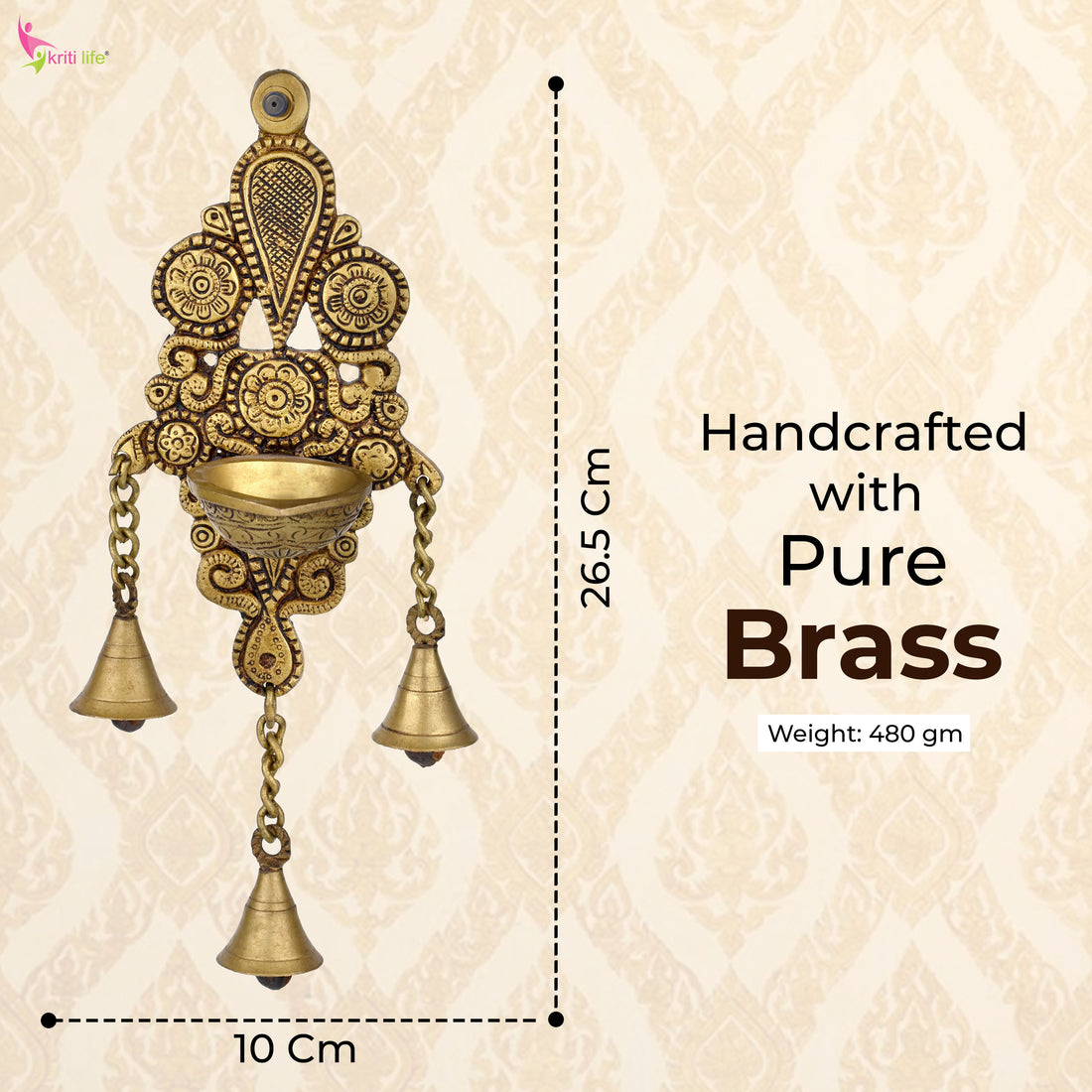 Brass Wall Mount Diya with 3 Hanging Bells – Traditional Design | 26.5 cm Hight