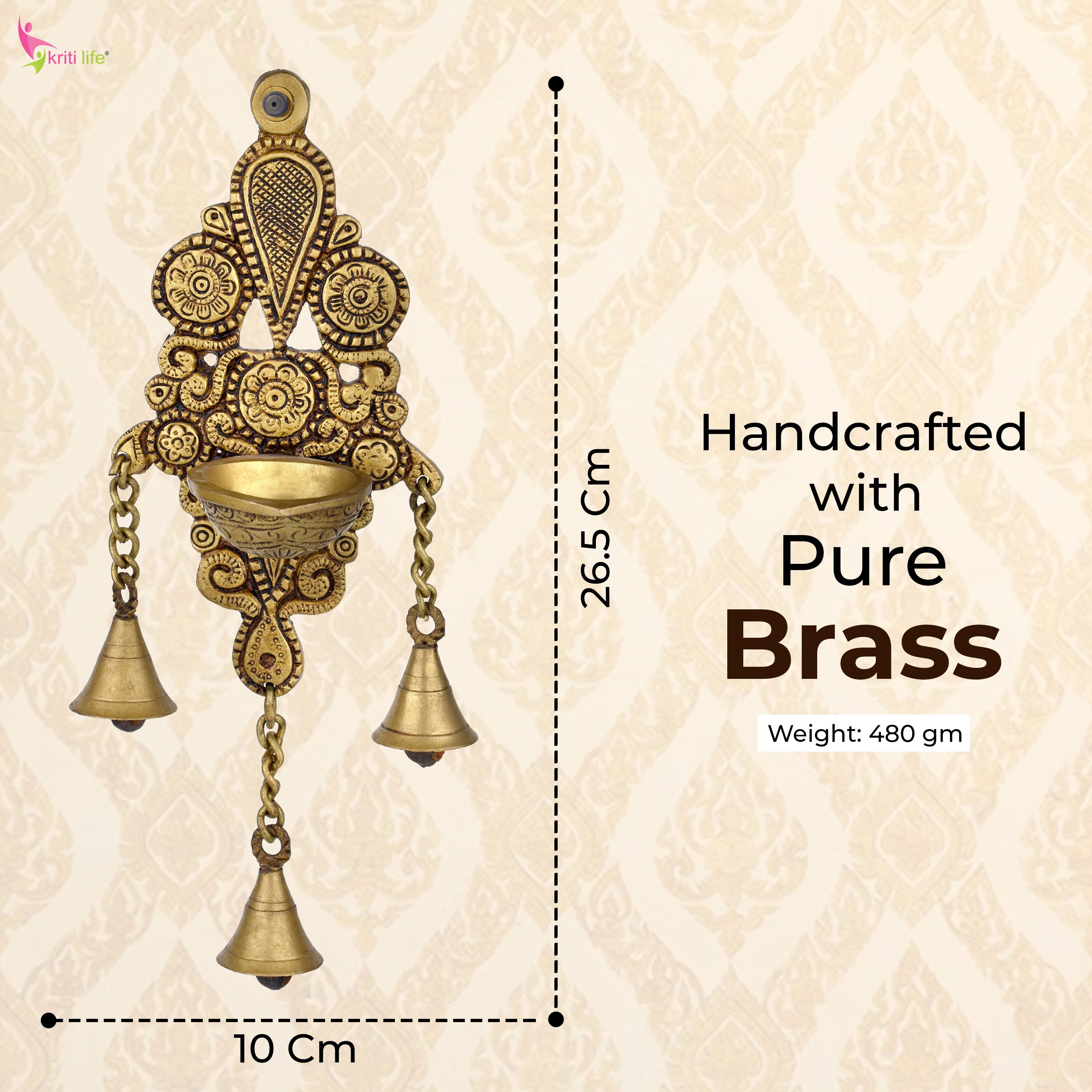 Brass Wall Mount Diya with 3 Hanging Bells – Traditional Design | 26.5 cm Hight