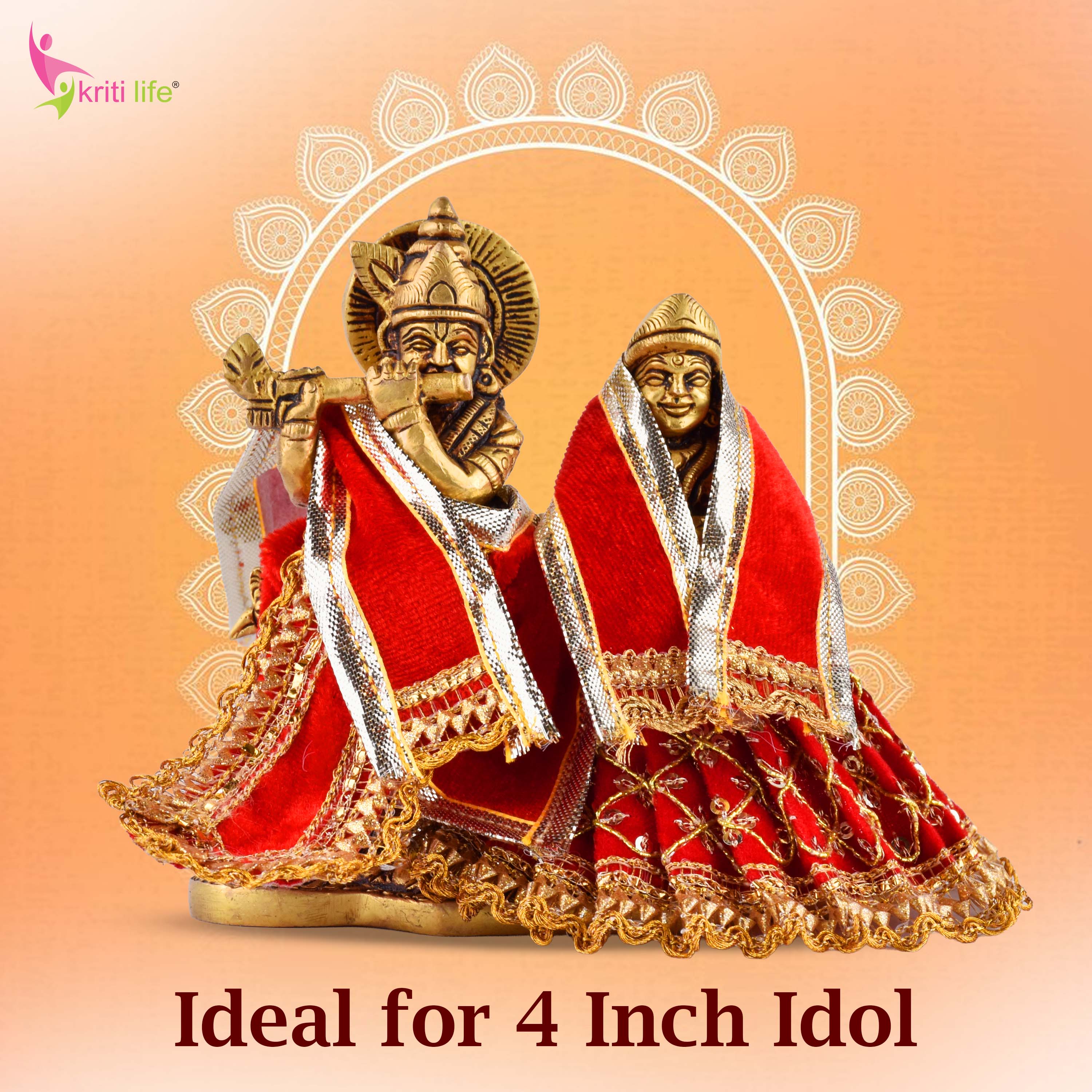 Velvet Red Radha Krishna Dress Set for 4 Inch Idol – Rich Embroidered Vastra with Golden Lace