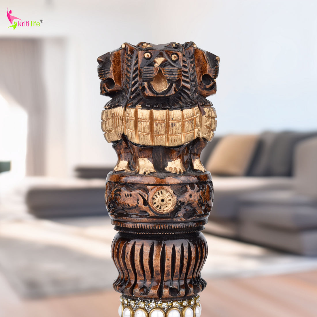 Wooden Ashok Stambh | National Emblem of India with Stone Work | 7.5 inches