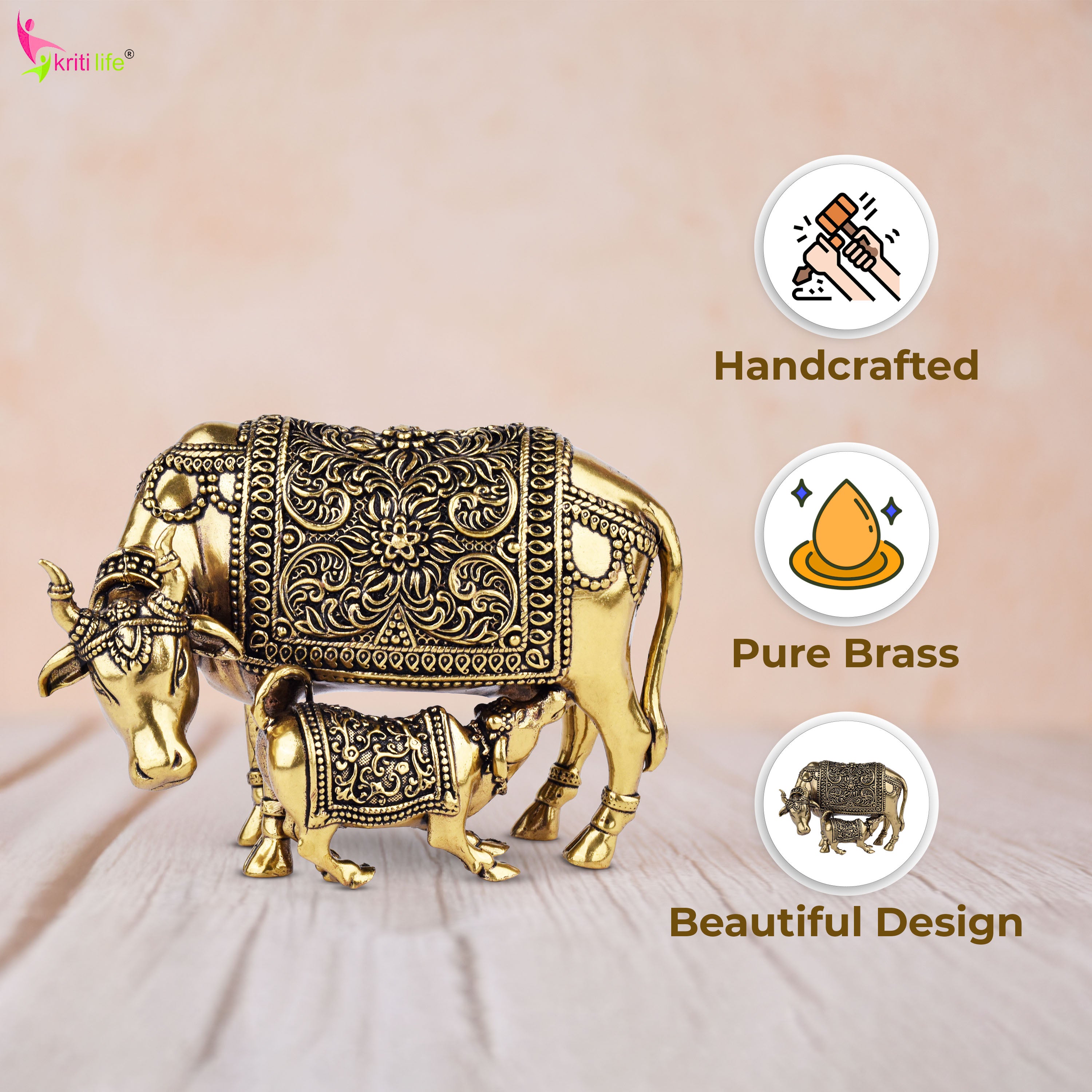 Brass Kamdhenu Cow and Calf Idol – | 4 inches | Handcrafted Symbol of Prosperity and Divine Energy