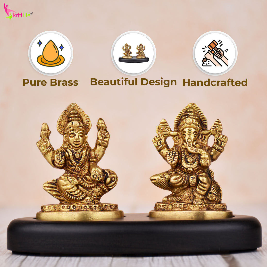 Mini Brass Lakshmi Ganesh Idol Set on Wooden Base | 3 inches | – Antique Finish for Diwali, Pooja & Gifting