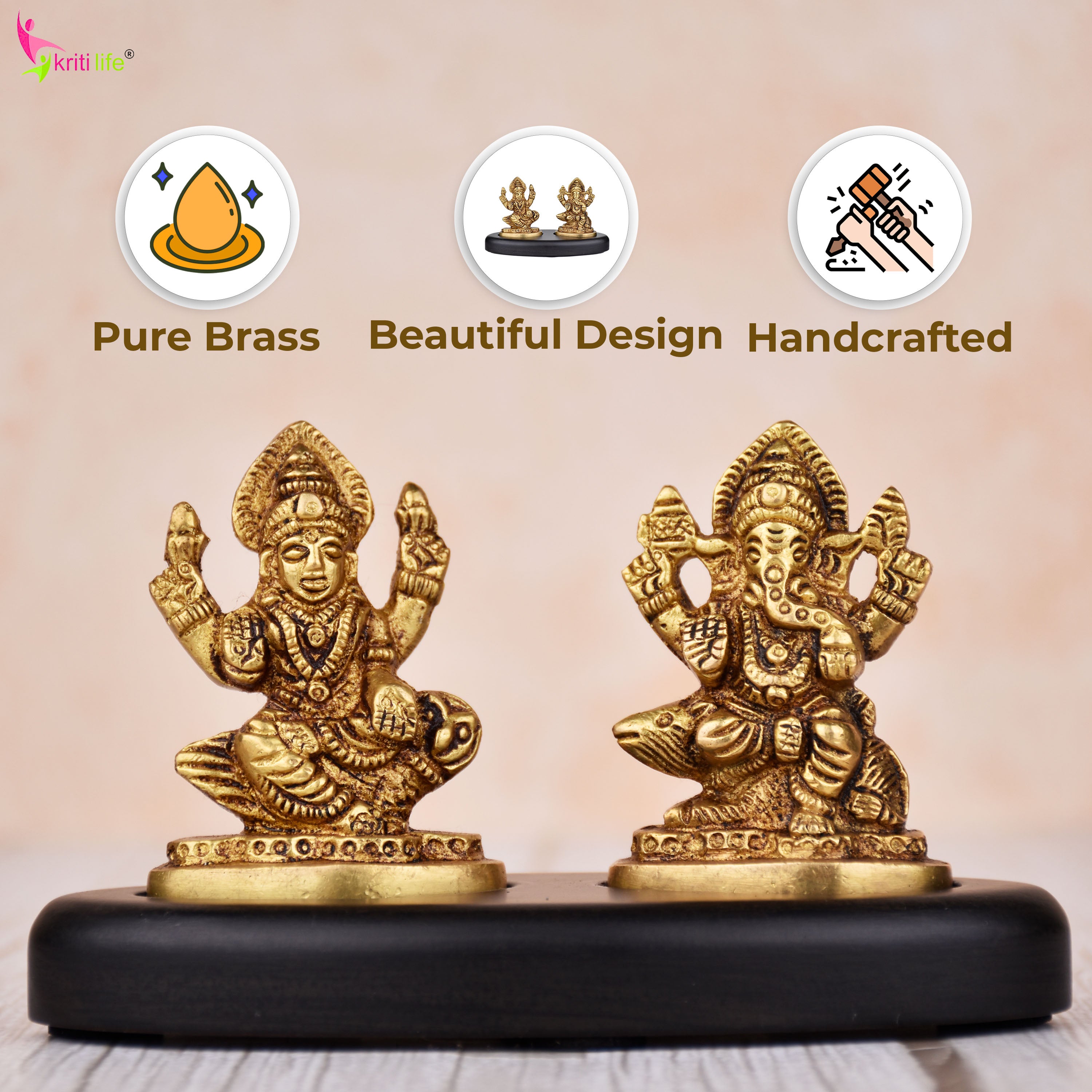 Mini Brass Lakshmi Ganesh Idol Set on Wooden Base | 3 inches | – Antique Finish for Diwali, Pooja & Gifting