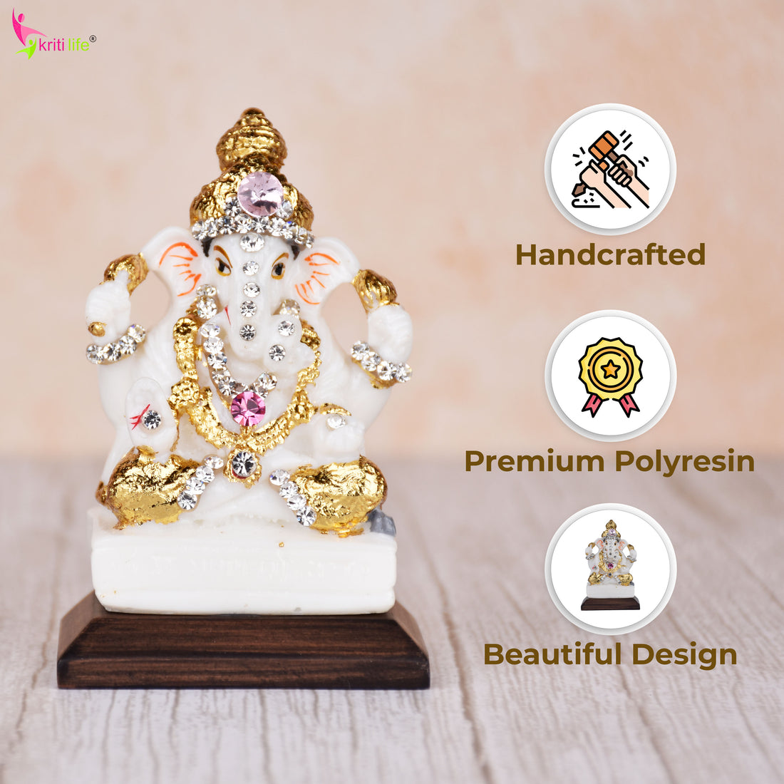 Lord Ganesha Idol with Decorative Stones – 3.5 inches - White & Gold Polyresin Statue for Home & Office