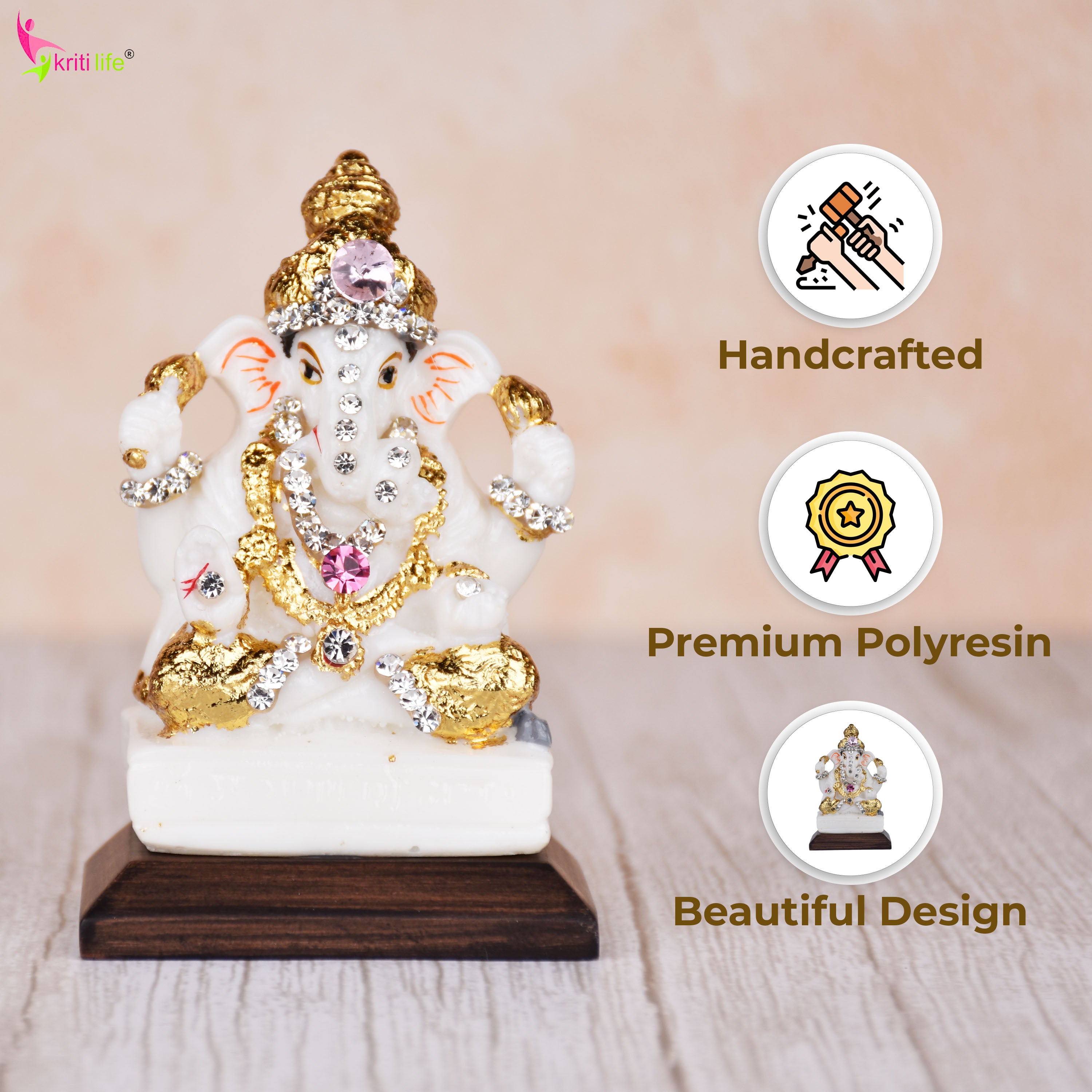 Lord Ganesha Idol with Decorative Stones – 3.5 inches - White & Gold Polyresin Statue for Home & Office