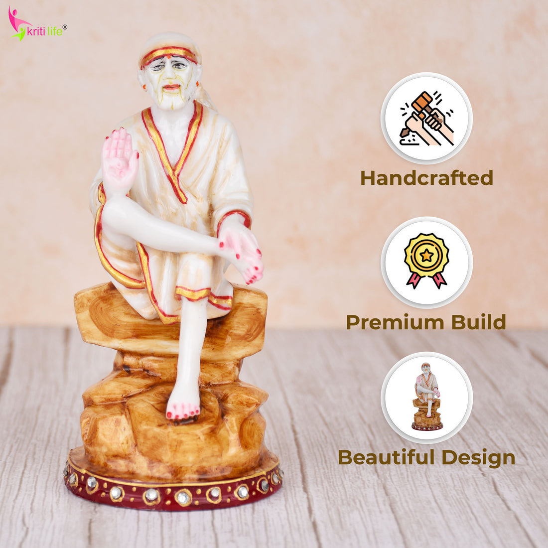 Blessing Sai Baba Idol in Marble Dust | 6 inches | – Sitting on Rock Design