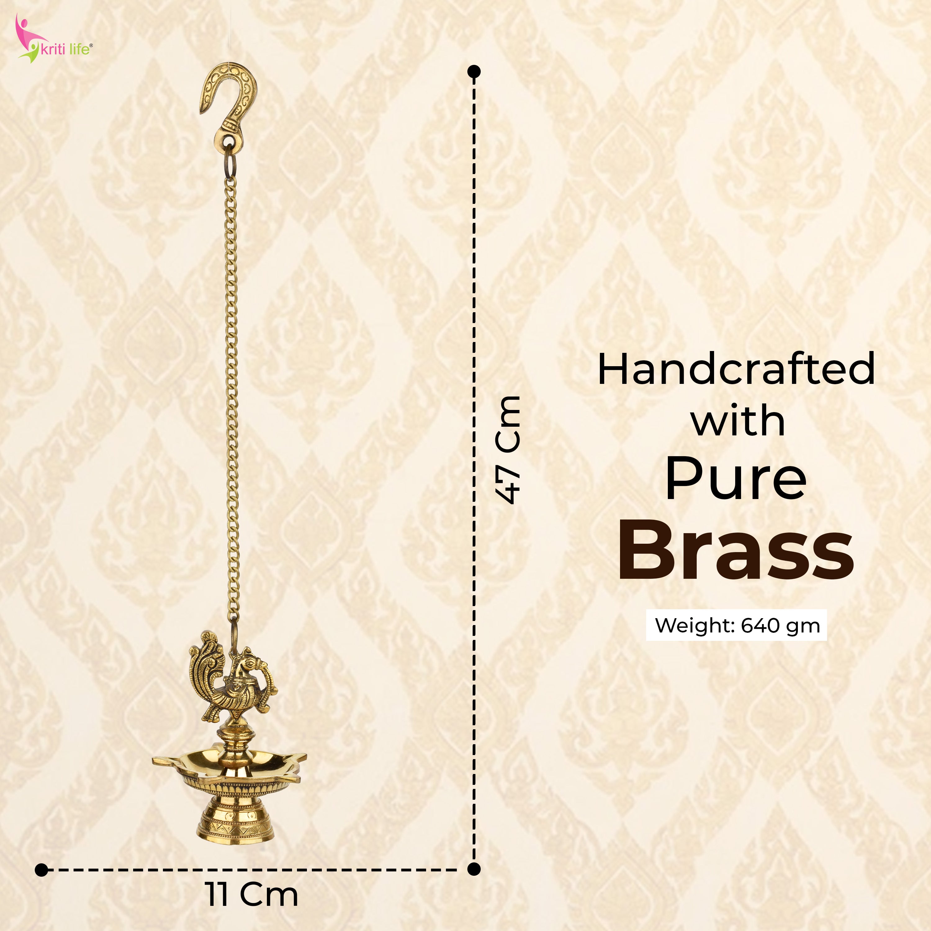 Brass Hanging Peacock Wall Mount Diya with Chain | 47 cm Hight |