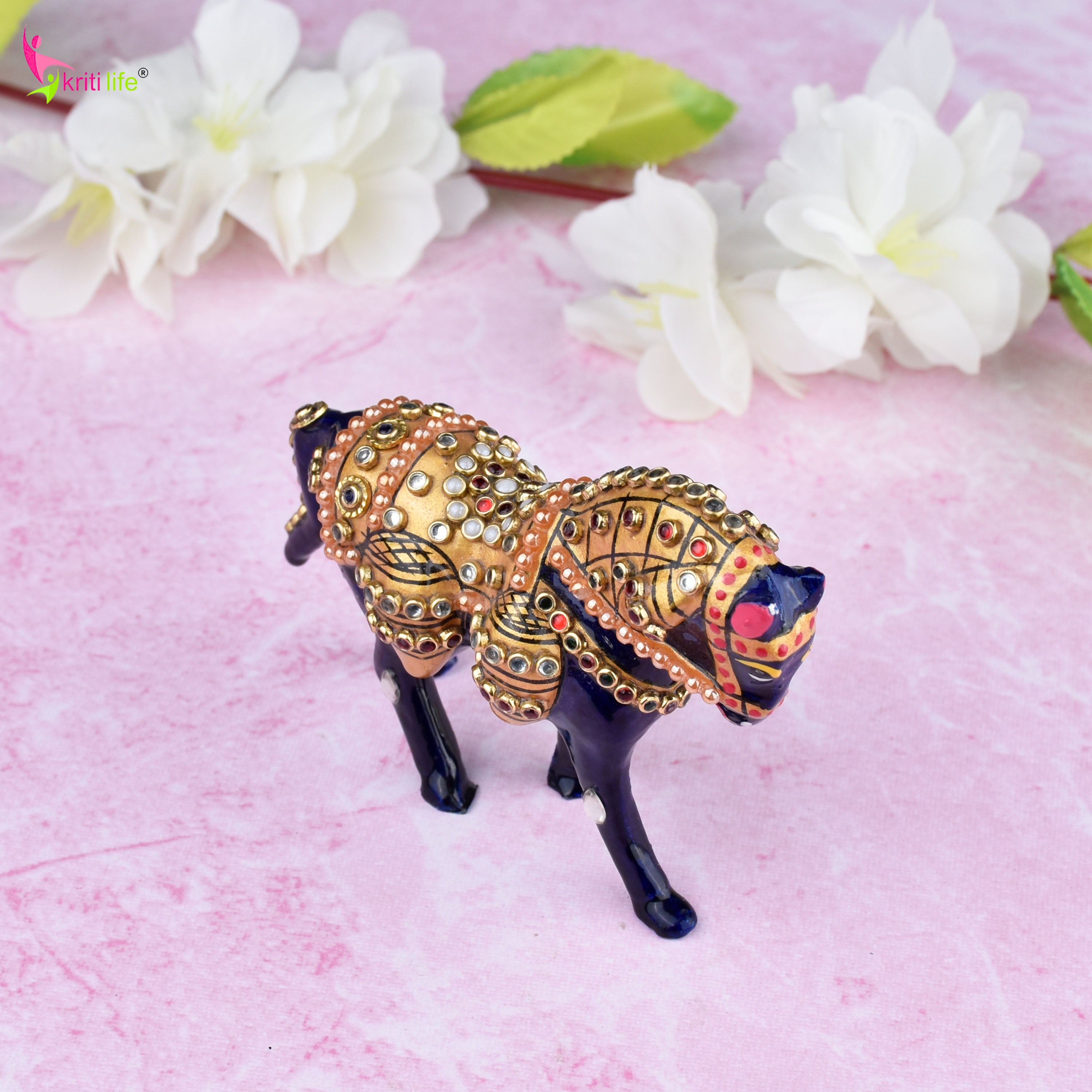 Handcrafted Aluminium Horse Showpiece | Ethnic Decor with Stonework - 3.5 inches