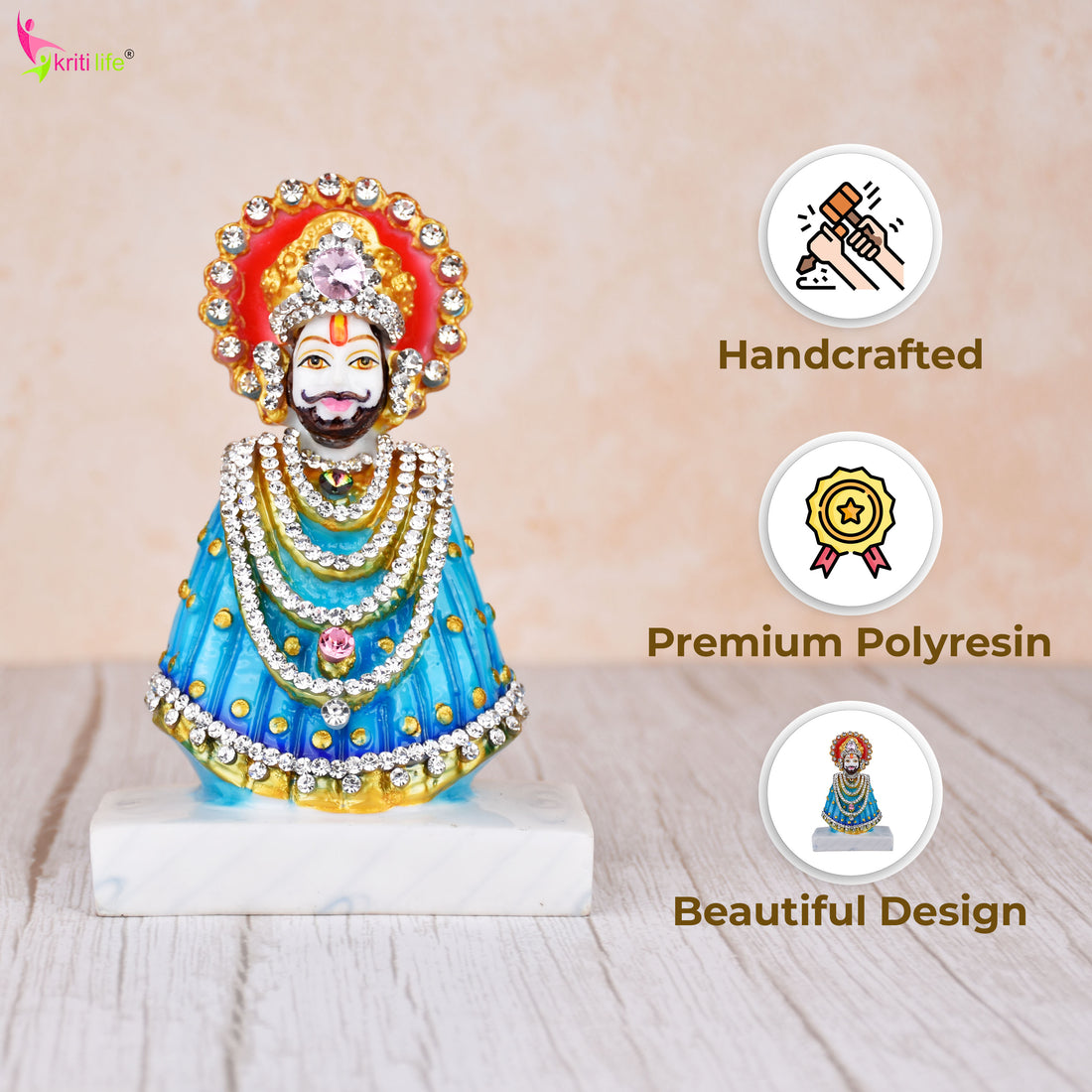 Baba Shyam Decorative Idol – 6 inches - Khatushyam Ji Polyresin Statue with Stones & Vibrant Finish