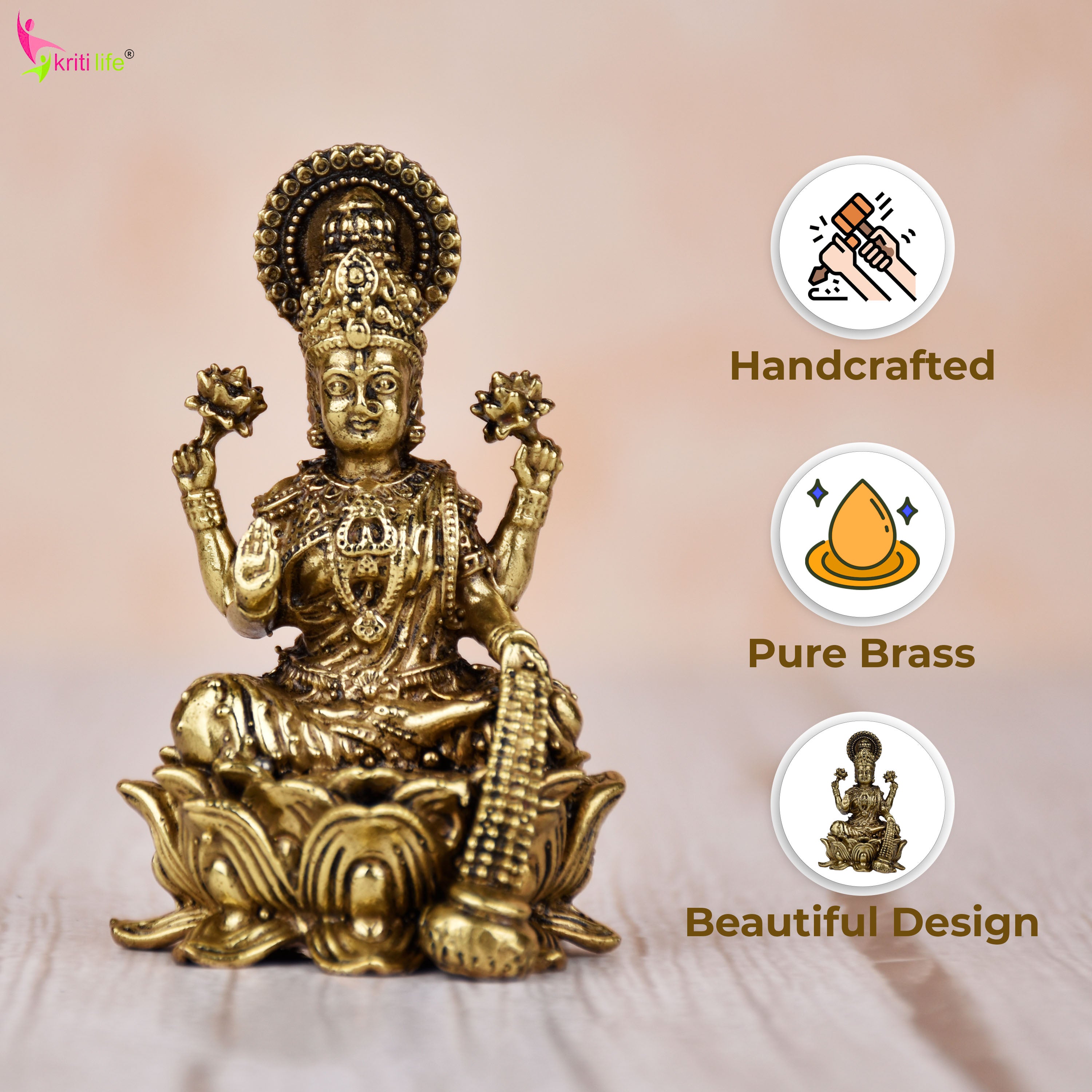 Brass Goddess Lakshmi Idol – Wealth & Prosperity Hindu Statue for Pooja & Decor | 2.5 inches (Small Size) |
