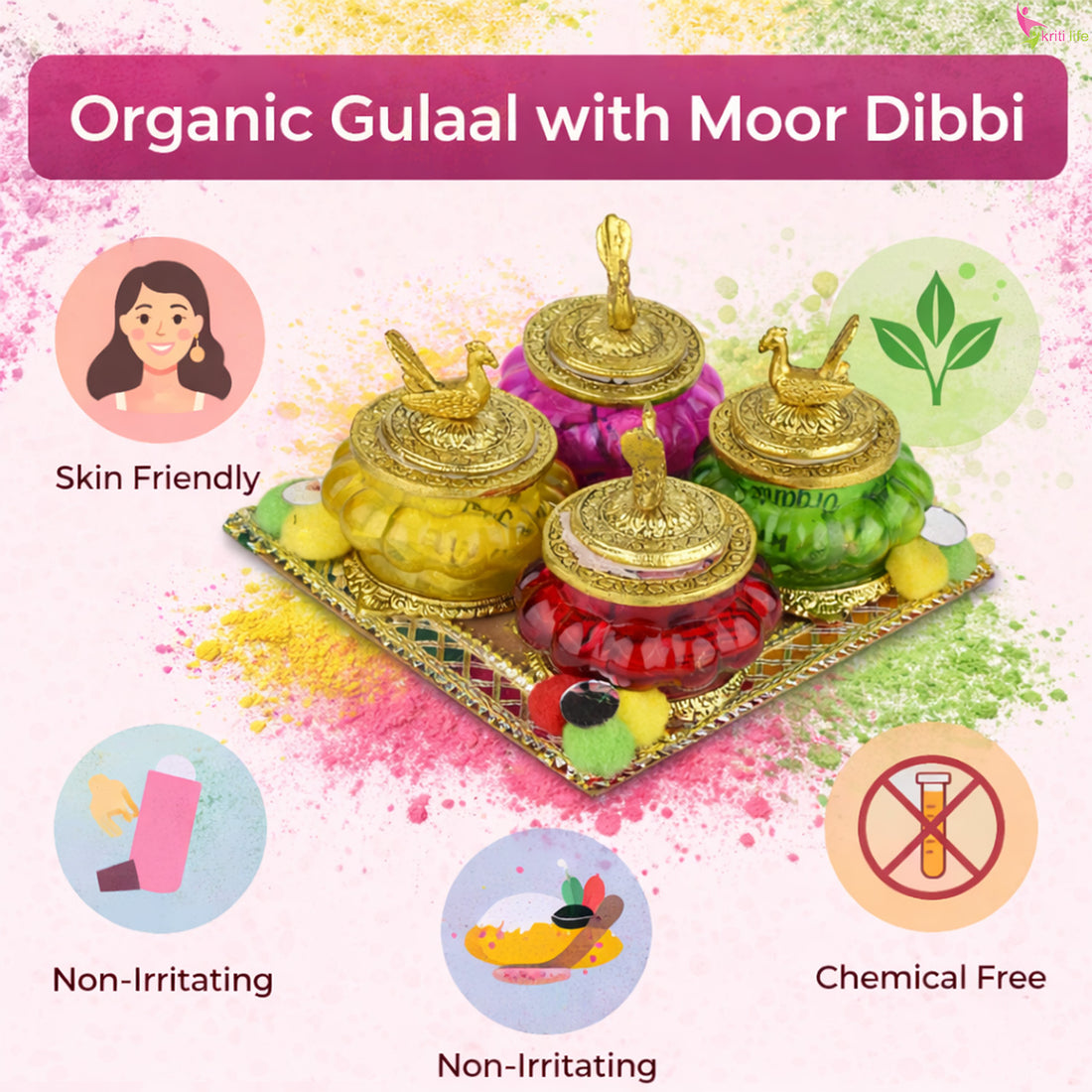 Holi Harble Gulal Pack of 4 | Decorative Herbal Gulal Jars with Golden Lid