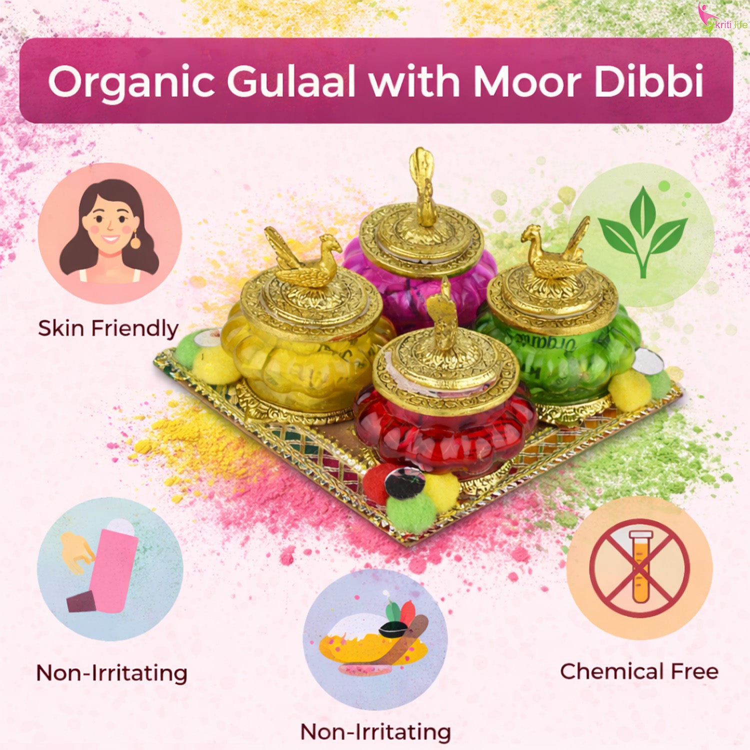 Holi Harble Gulal Pack of 4 | Decorative Herbal Gulal Jars with Golden Lid