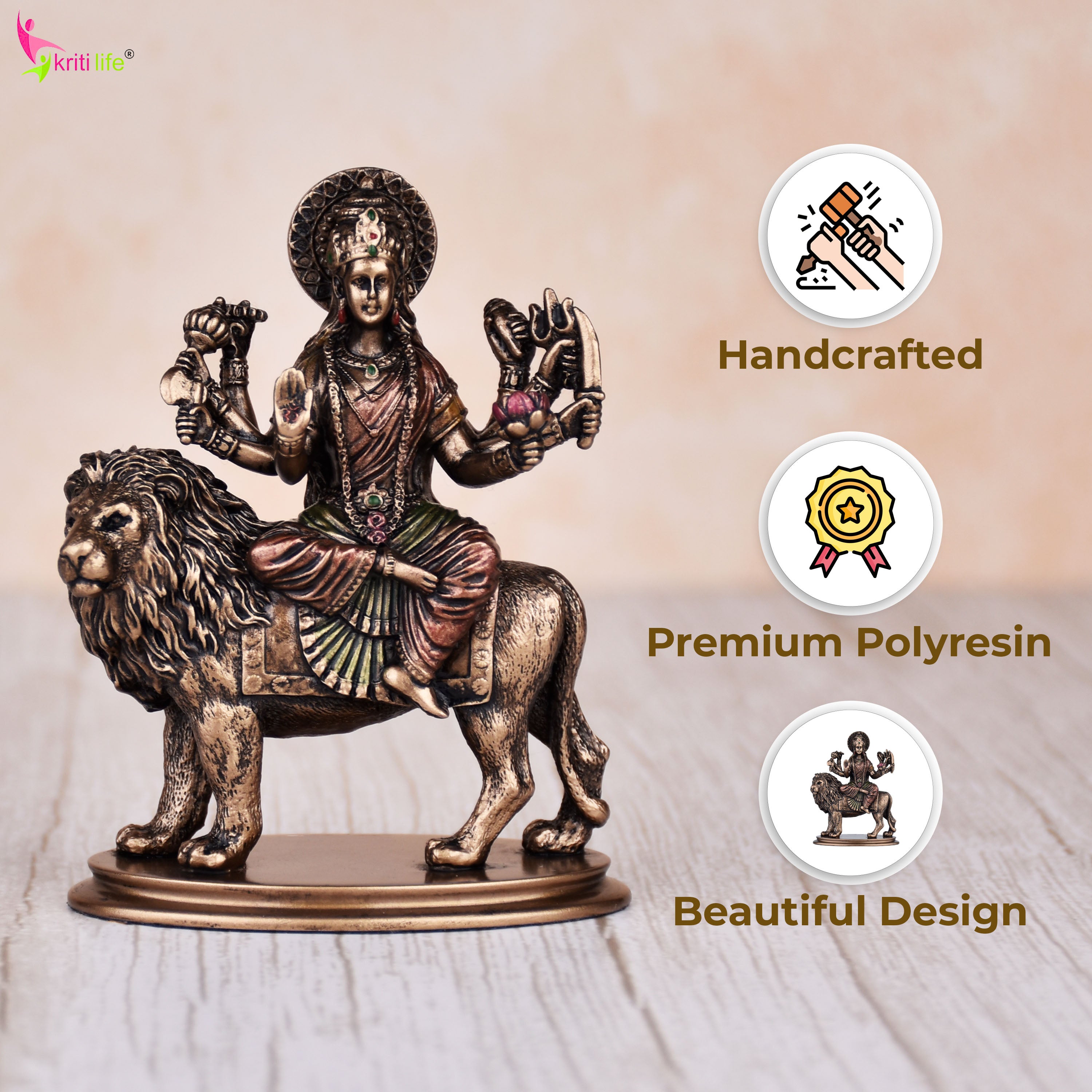 Maa Durga Statue Riding Lion – Handcrafted Polyresin Statue | 3.5 inches | Idol for Pooja Room & Gifting