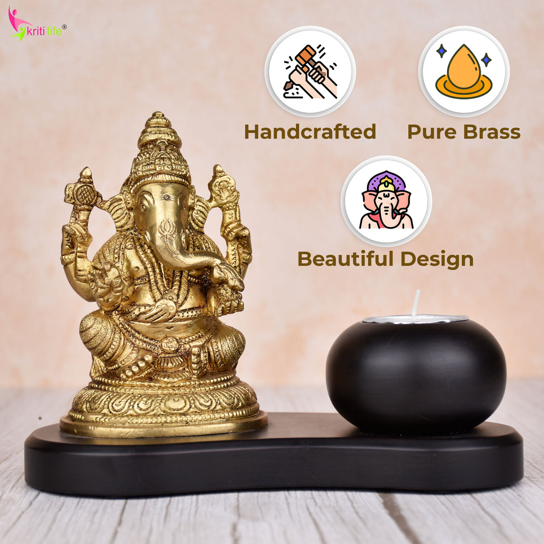 Brass Ganesha Idol with Tealight Candle Holder – 6 inches Decorative Showpiece for Home & Office