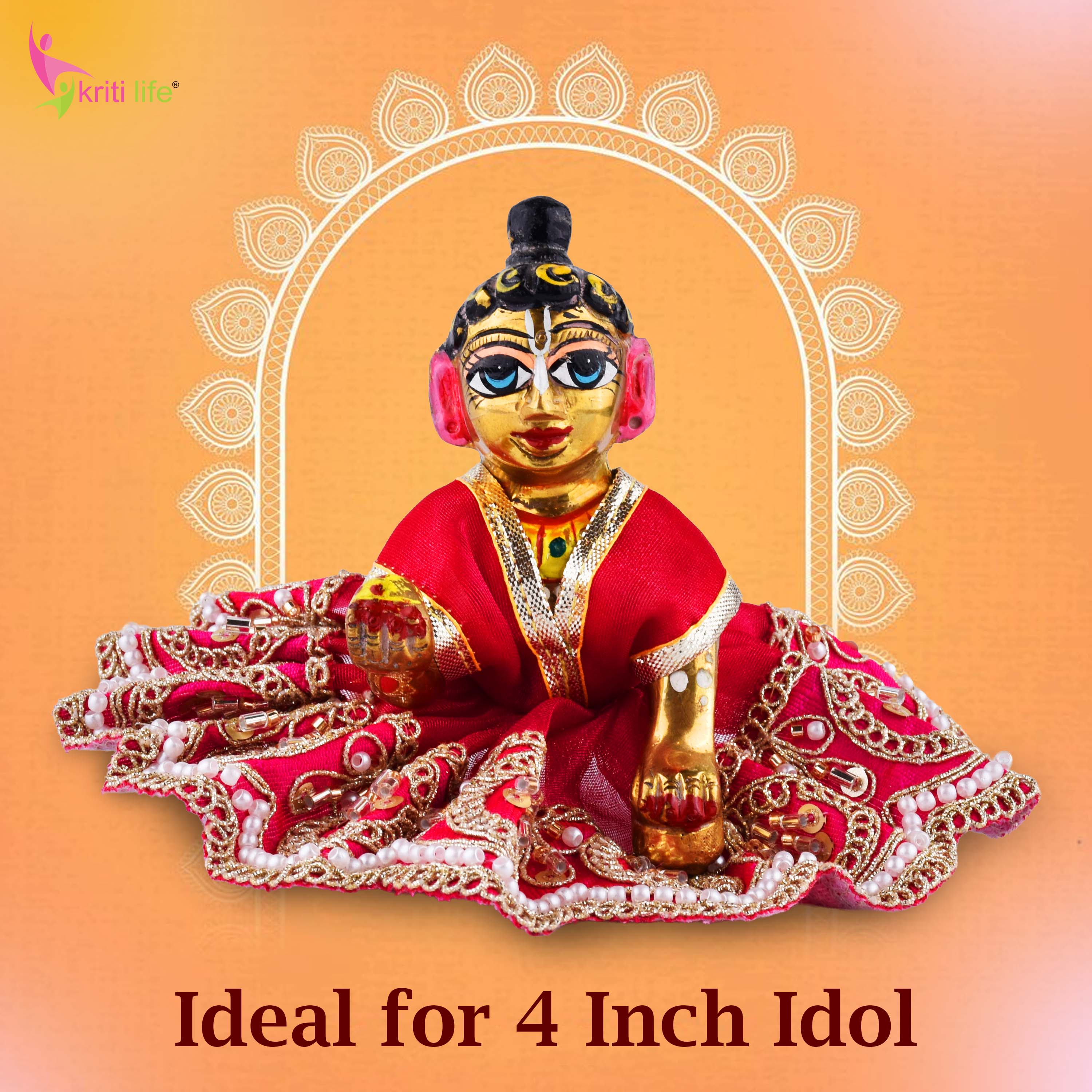 Traditional Red Laddu Gopal Dress for 4 Inch Idol – Golden Beads & Sequin Work Poshak