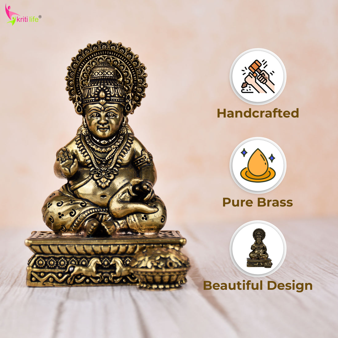 Handcrafted Brass Lord Kuber Idol | 4 inches Hindu God of Wealth Statue for Home Temple & Decor