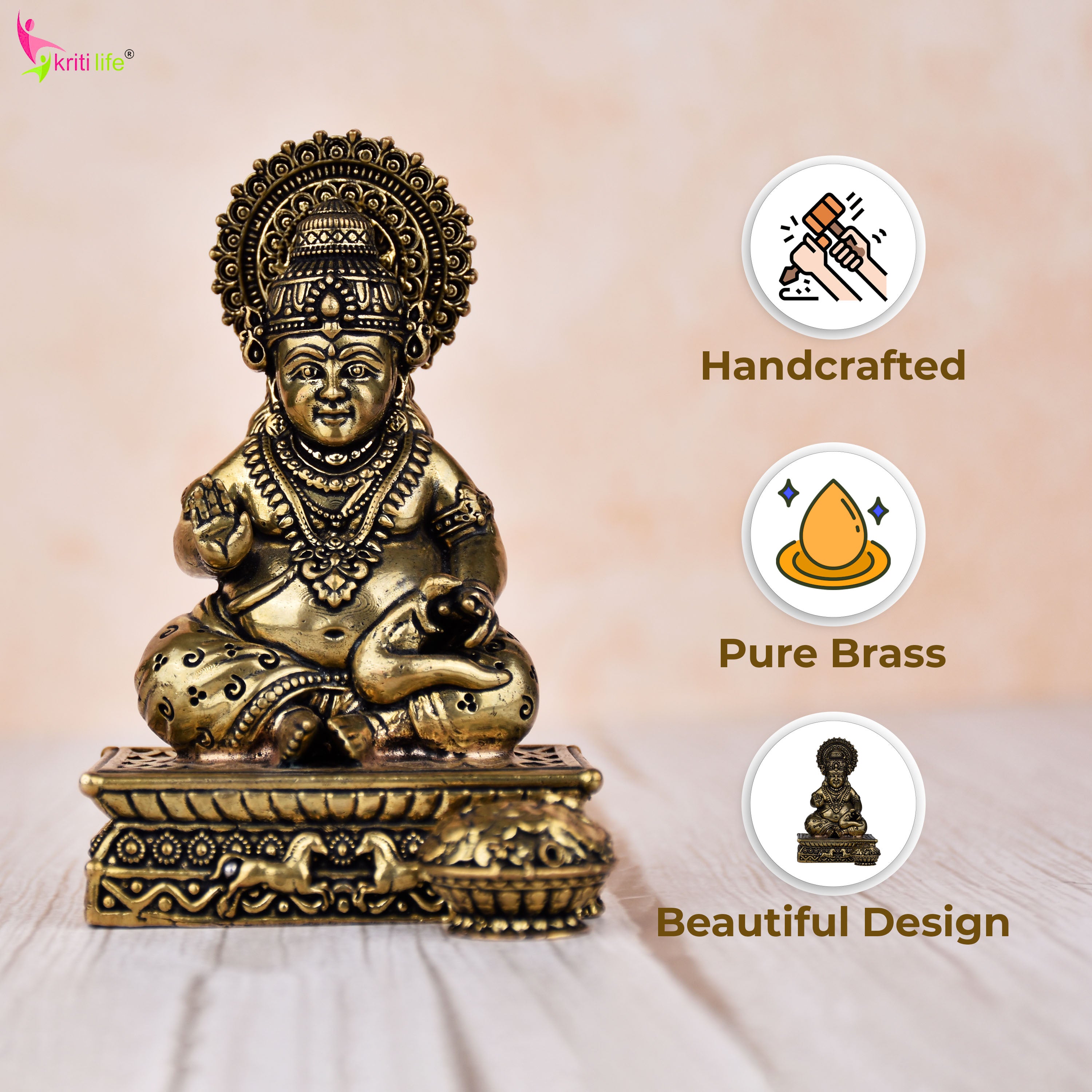 Handcrafted Brass Lord Kuber Idol | 4 inches Hindu God of Wealth Statue for Home Temple & Decor