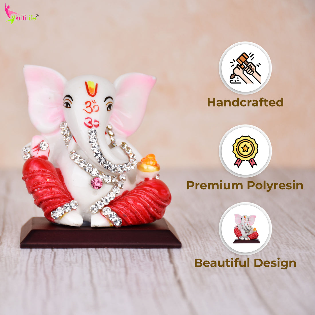 Lord Ganesha Idol with Red Attire & Diamond Embellishments – Polyresin Murti for Home, Car, and Gift | 2.5 inches