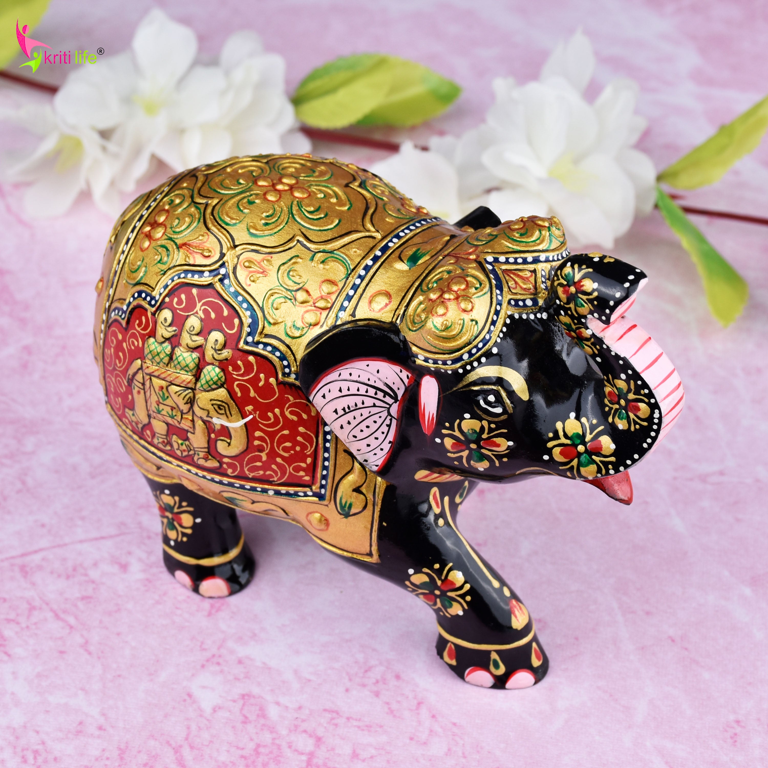 Wooden Painted Elephant | Rajasthani Folk Art Decor Showpiece- 5.5 inches