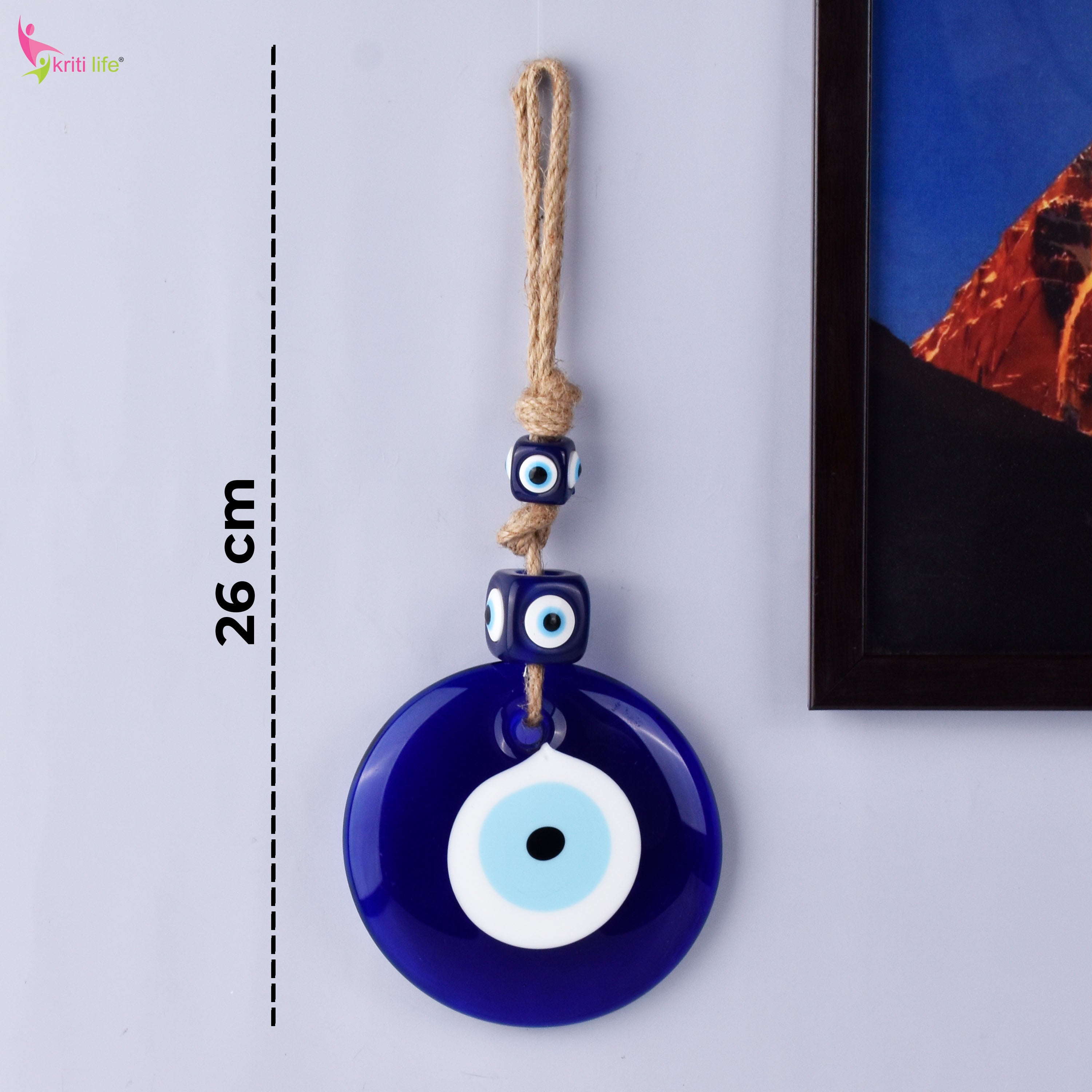 Hanging Evil Eye Protection Charm with Blue Glass Beads & Jute Rope – 26 cm Hight