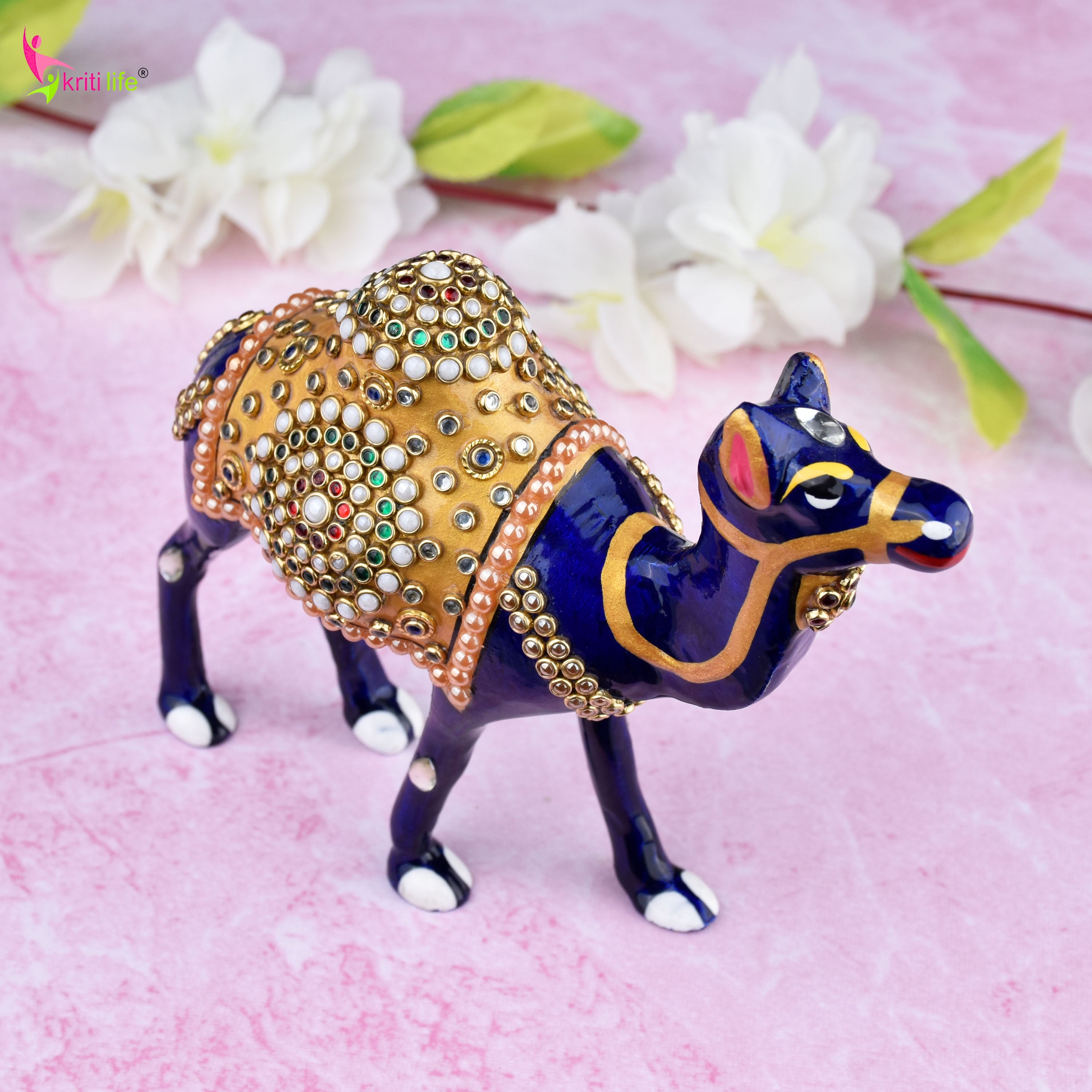 Camel Showpiece | Aluminium Decor with Enamel & Stones - 6 inches