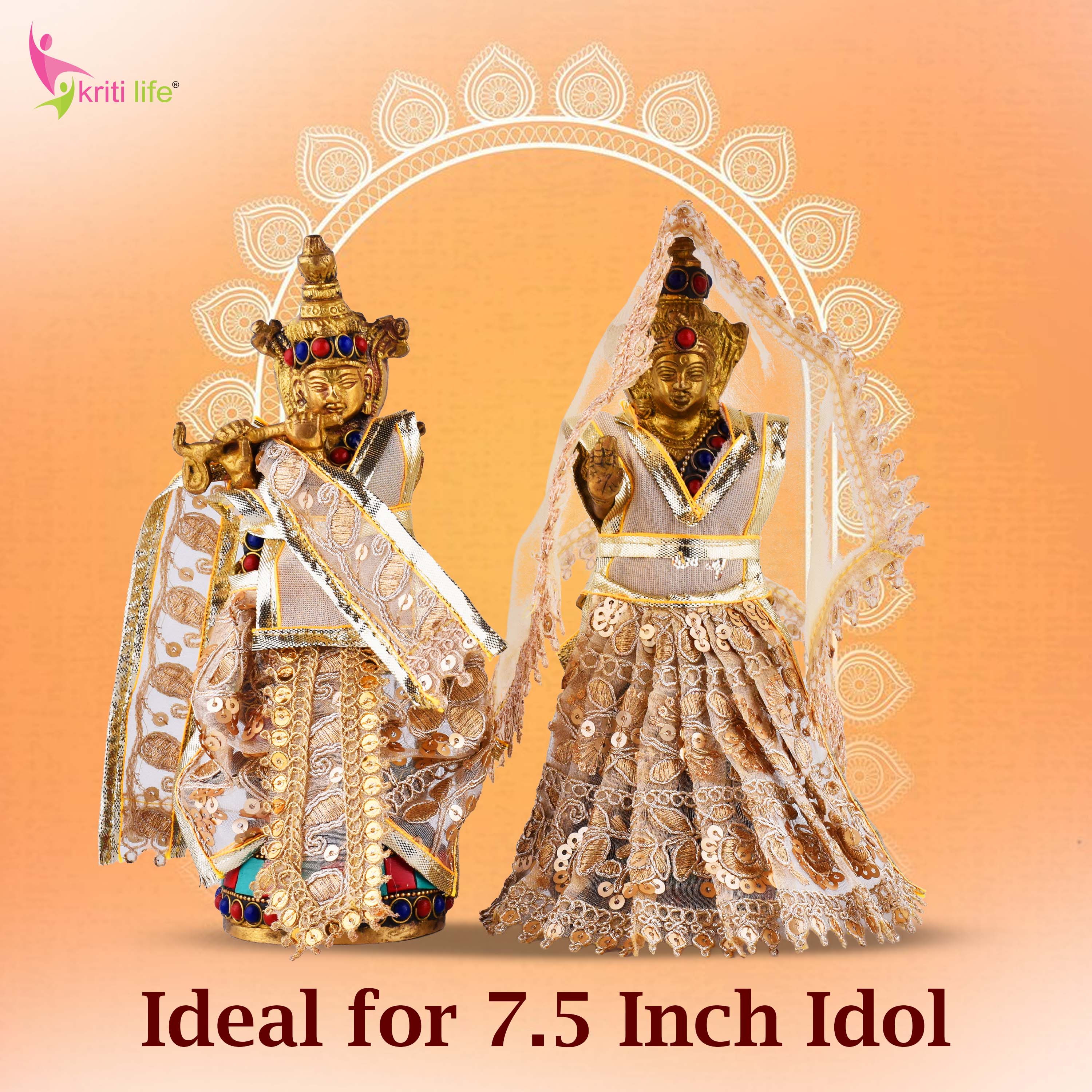 Golden Radha Krishna Dress Set for 7.5 Inch Idol – Traditional Deity Vastra with Embroidery and Sequins