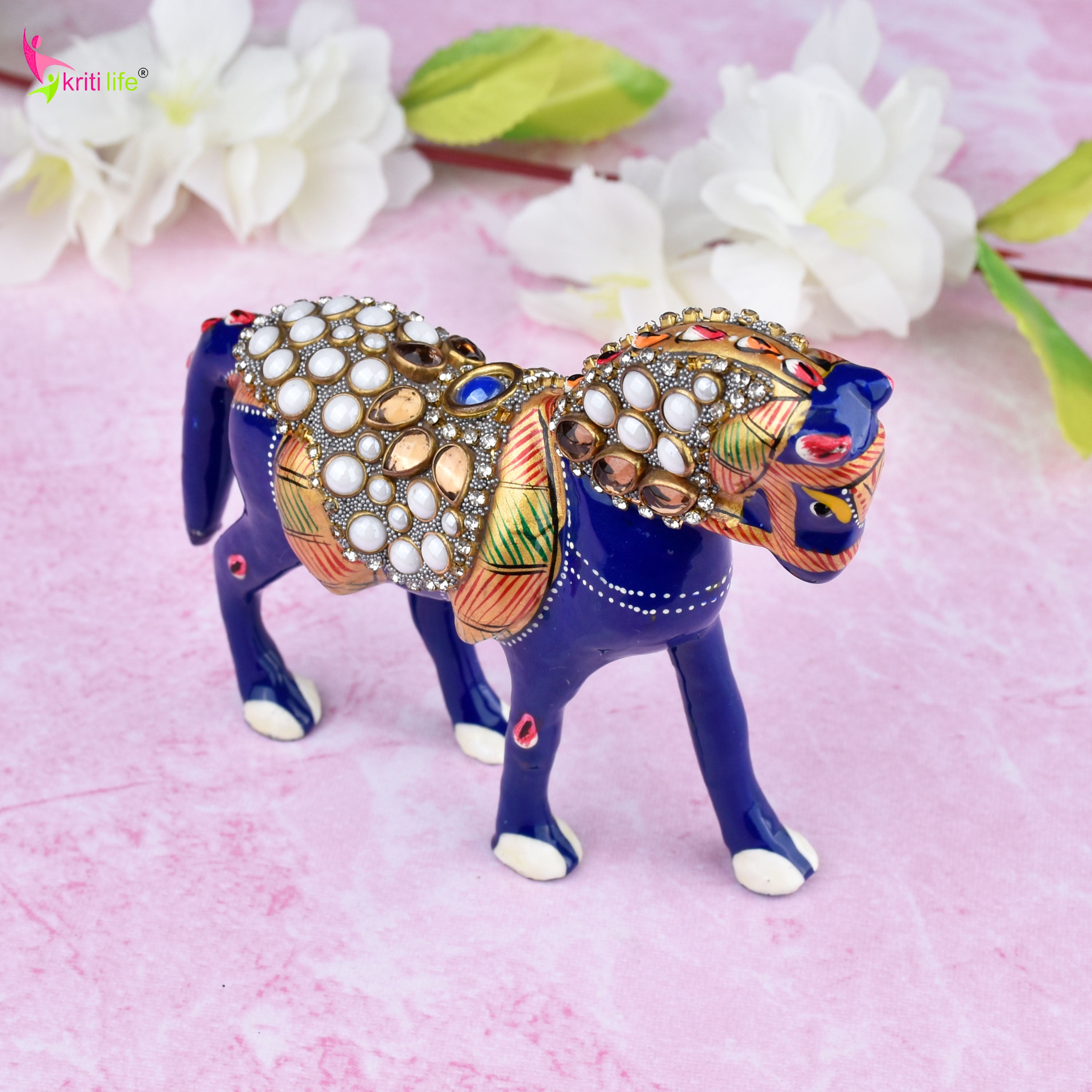 Handcrafted Royal Horse Showpiece | Enamel & Stone Decor | Aluminium | 4 inches