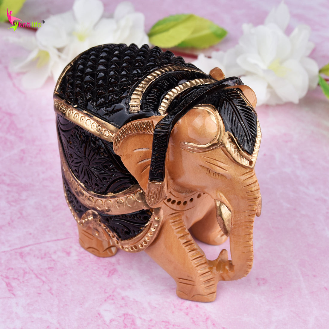 Handcrafted Wooden Elephant Showpiece | Brawn & Gold Painted Rajasthani Art- 4.5 inches